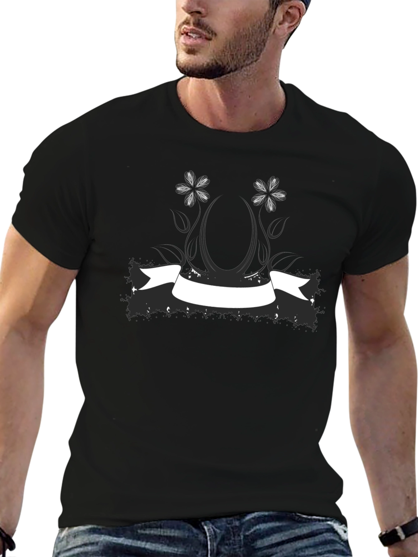 Black Graphic Tee with Floral Banner Design