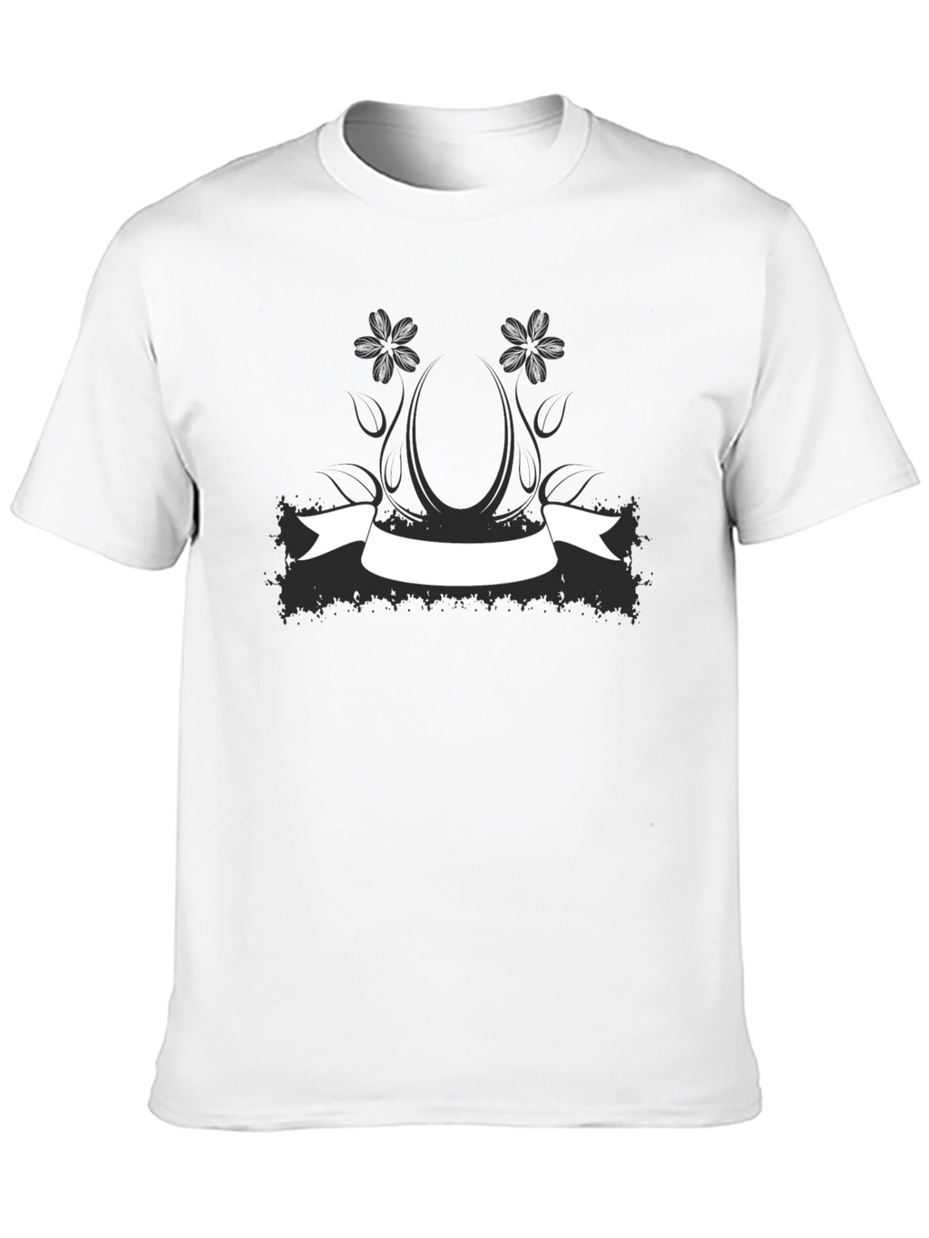 Black Graphic Tee with Floral Banner Design