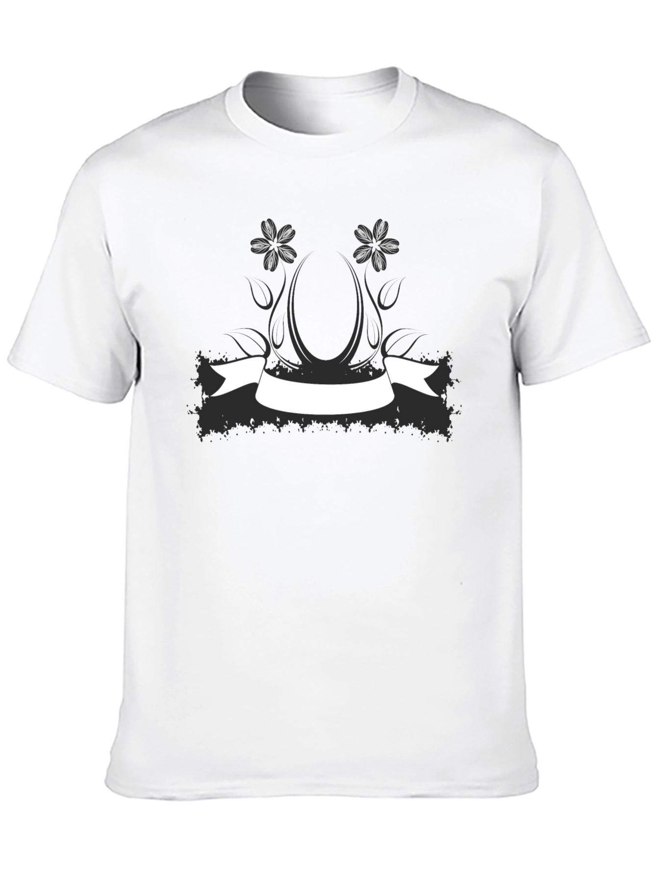 Black Graphic Tee with Floral Banner Design