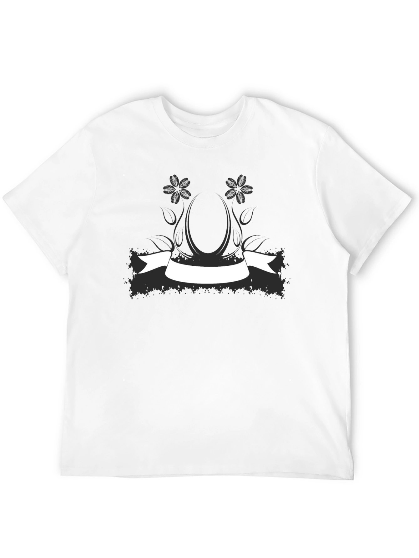 Black Graphic Tee with Floral Banner Design
