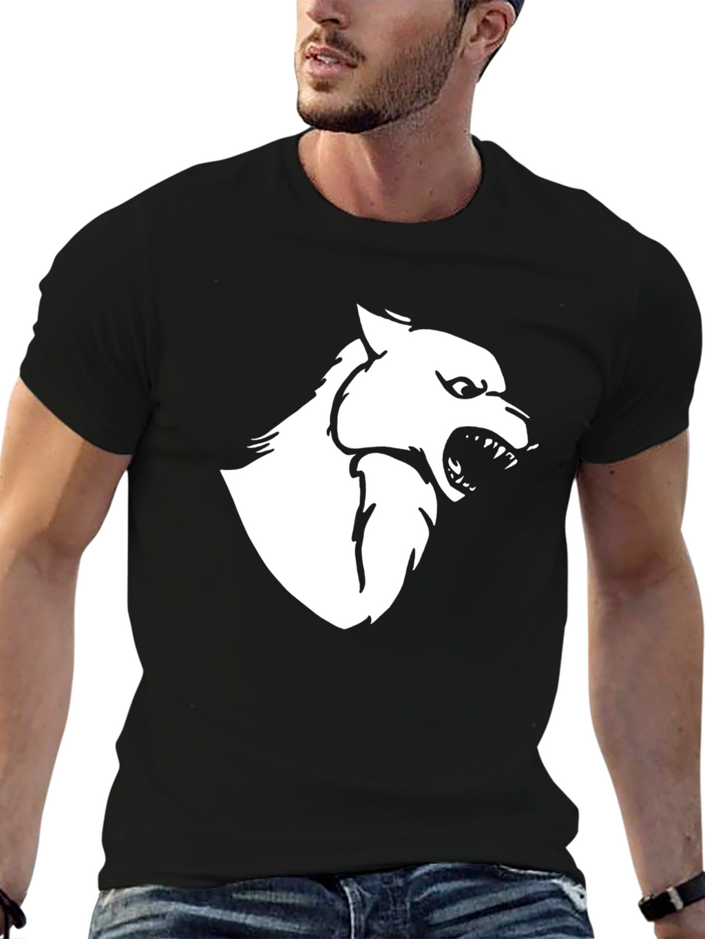 Black T-Shirt with White Wolf Graphic