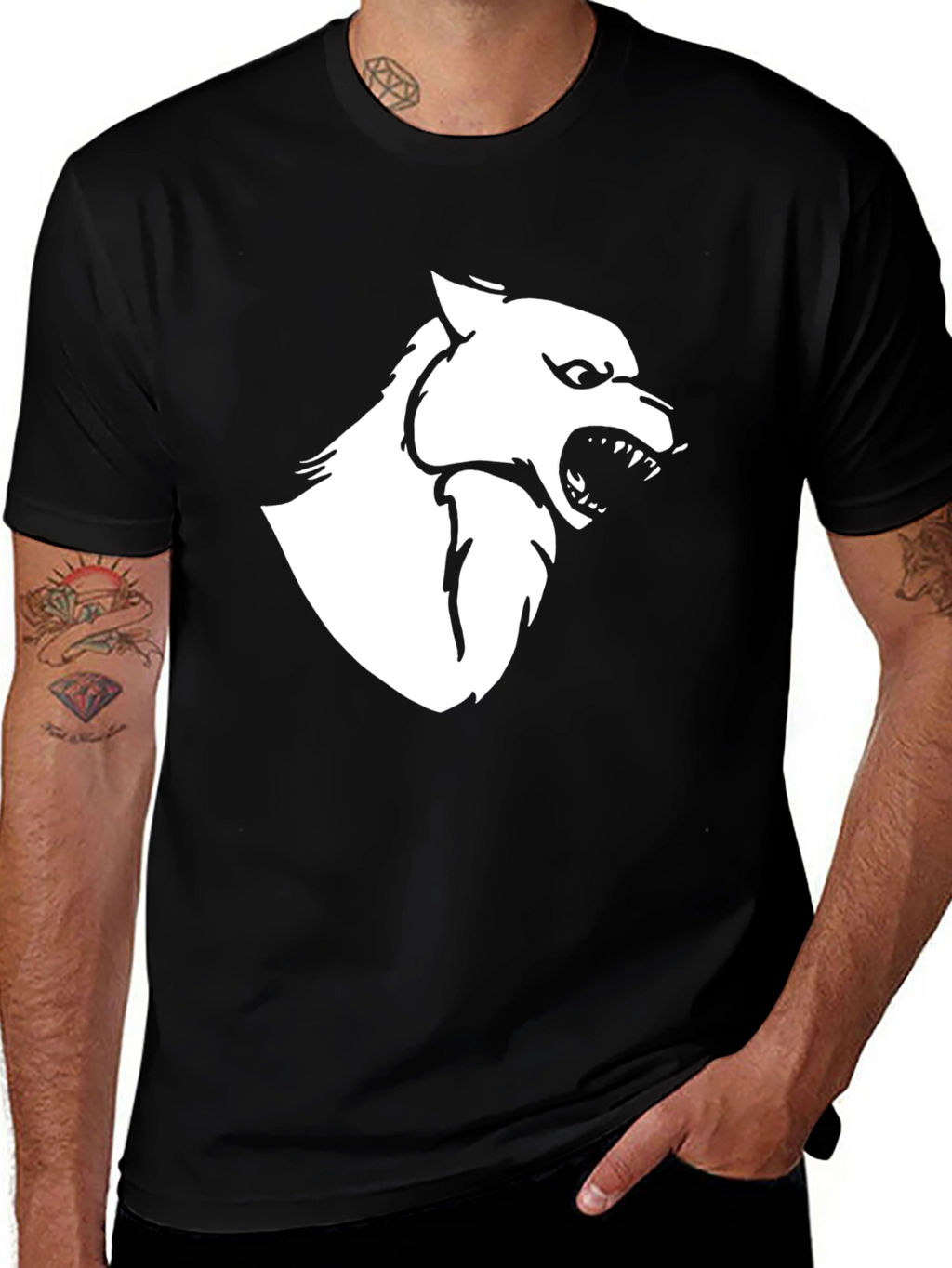 Black T-Shirt with White Wolf Graphic