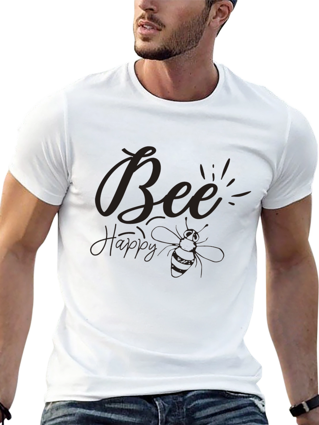 Bee Happy Graphic Tee - Black Casual T-Shirt