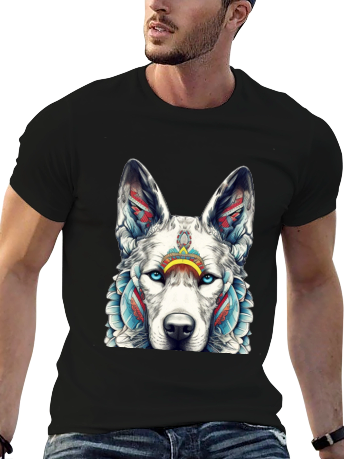 Wolf Graphic Tee - Tribal Style T-Shirt