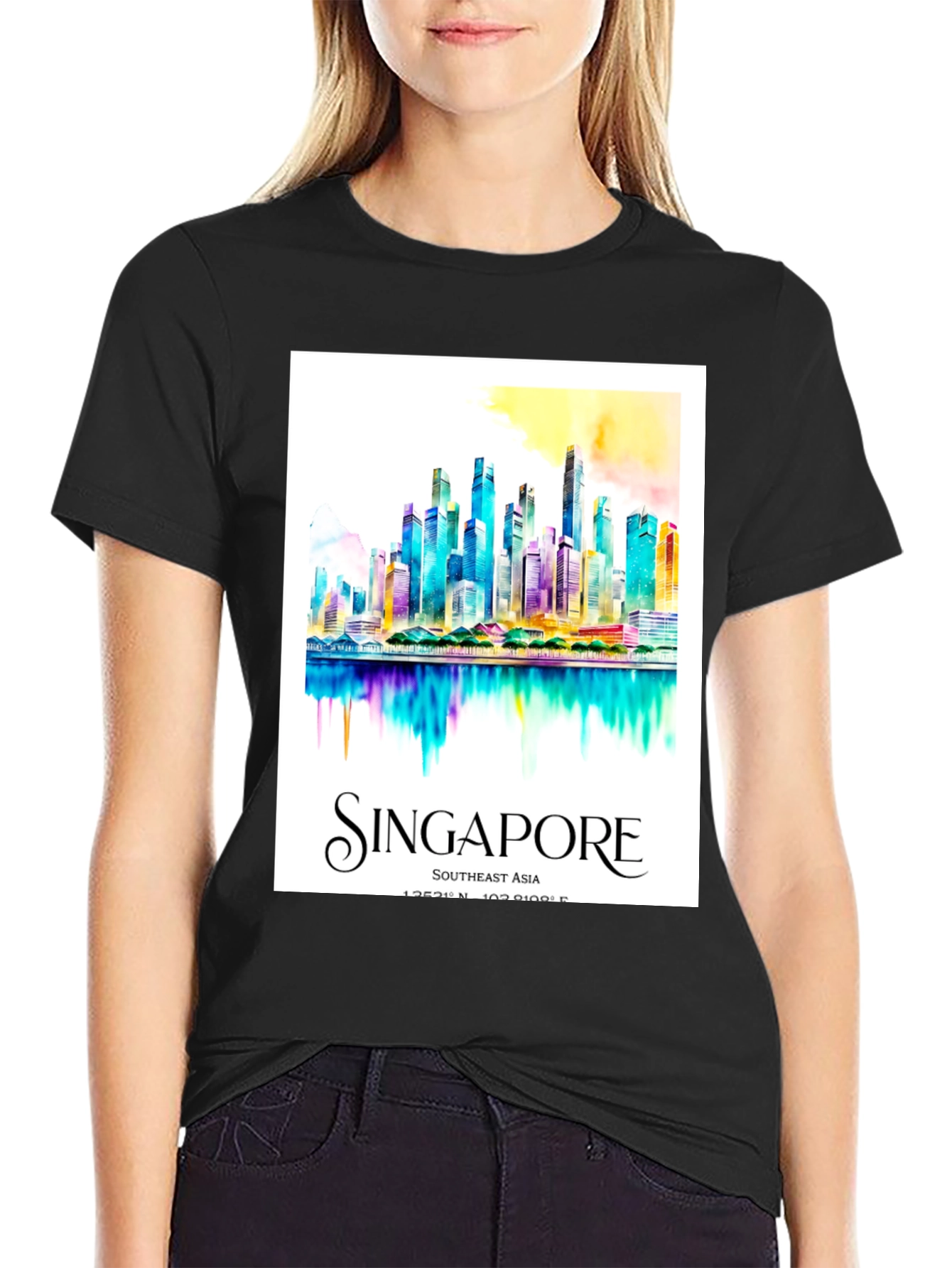 Singapore Skyline Watercolor Art Mens T-Shirt