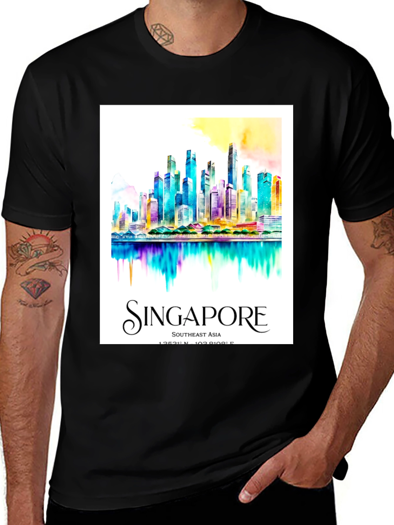 Singapore Skyline Watercolor Art Mens T-Shirt