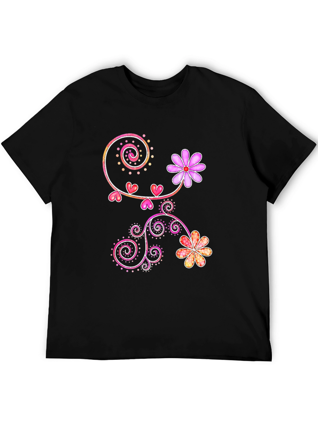 Floral Heart Swirl Design Black T-Shirt