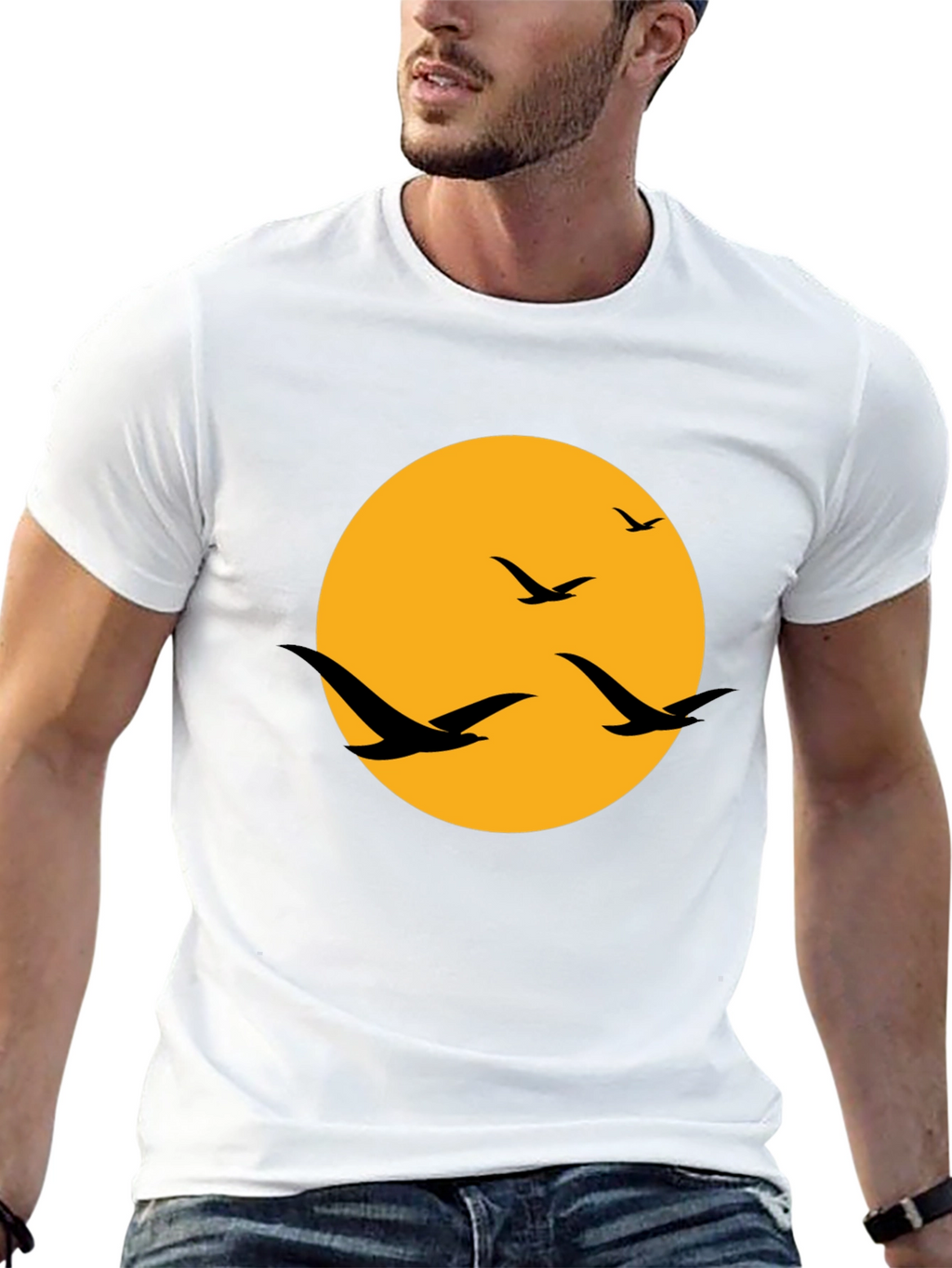 Mens Black T-Shirt with Birds and Moon Design