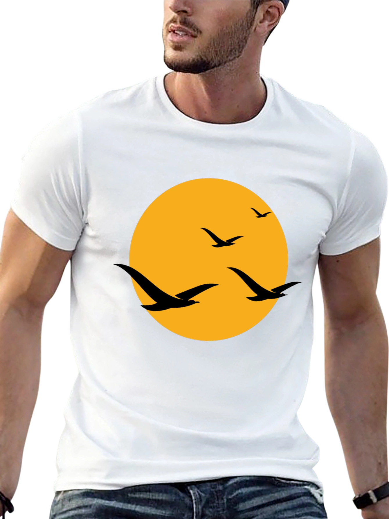 Mens Black T-Shirt with Birds and Moon Design