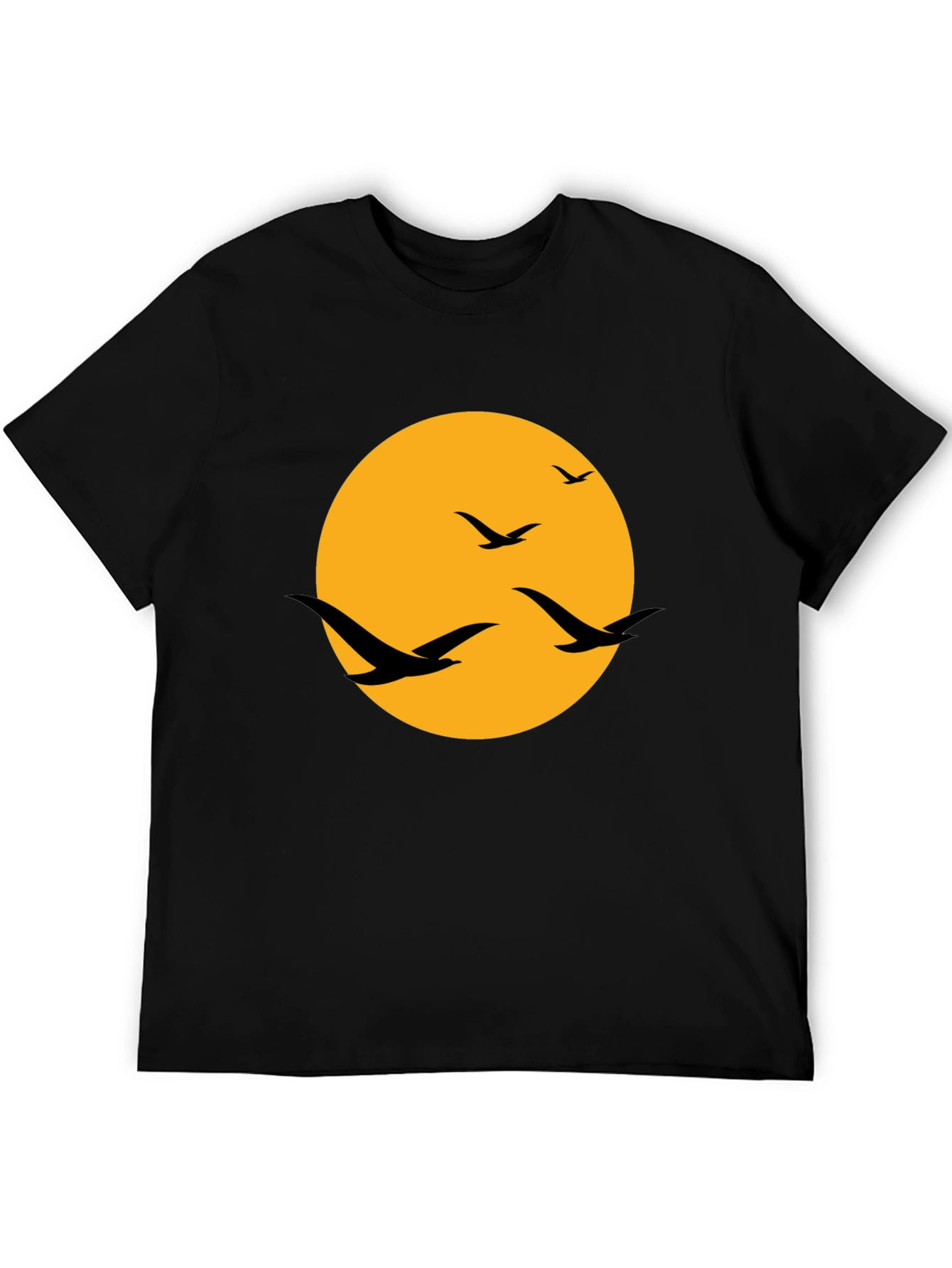 Mens Black T-Shirt with Birds and Moon Design