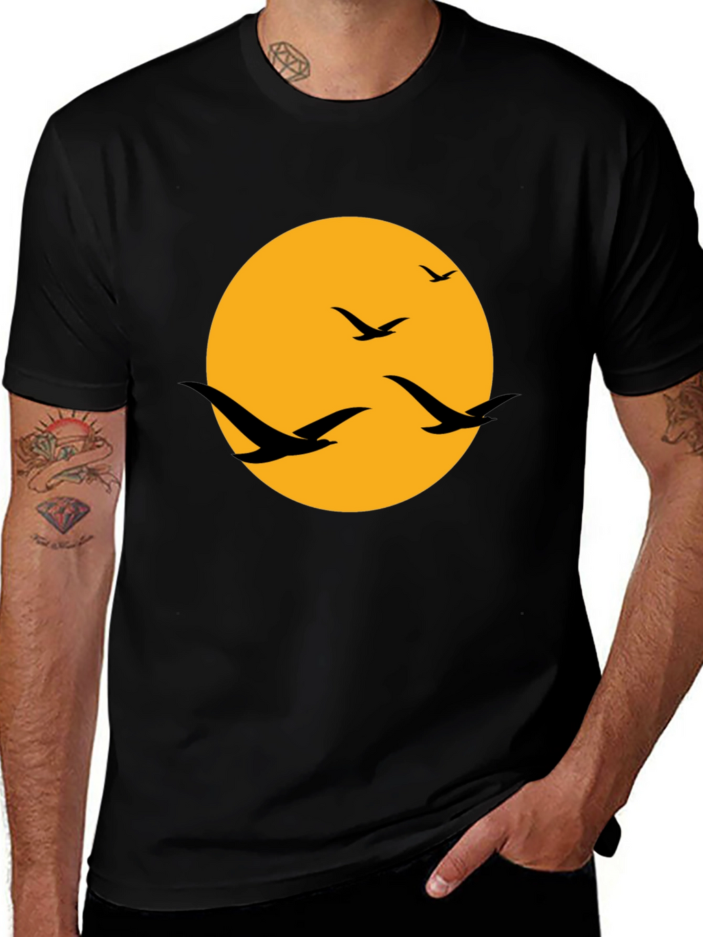 Mens Black T-Shirt with Birds and Moon Design