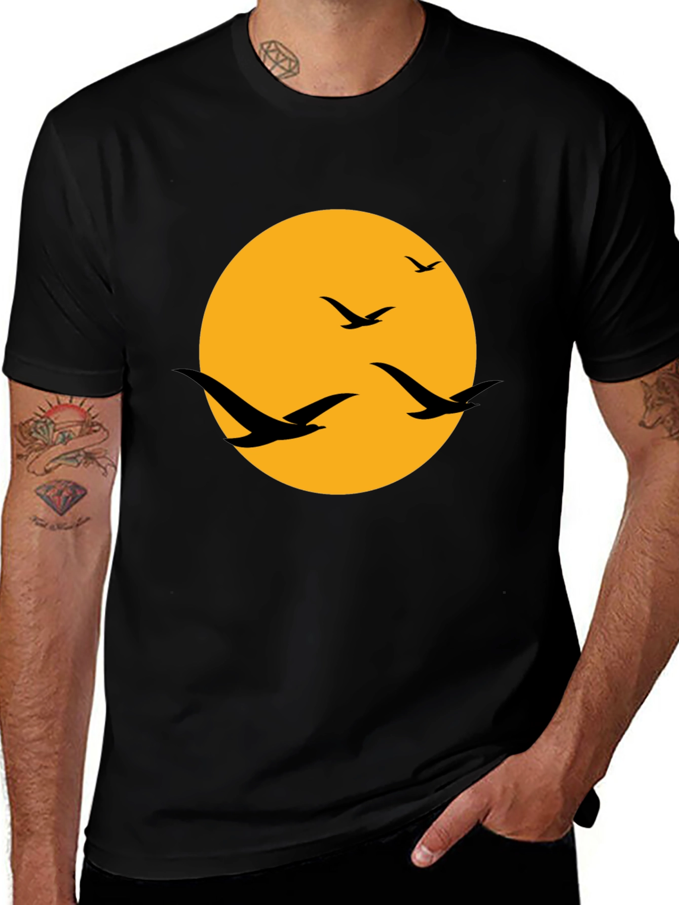 Mens Black T-Shirt with Birds and Moon Design