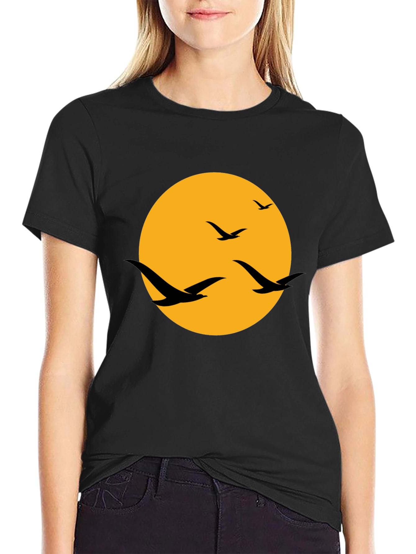 Mens Black T-Shirt with Birds and Moon Design