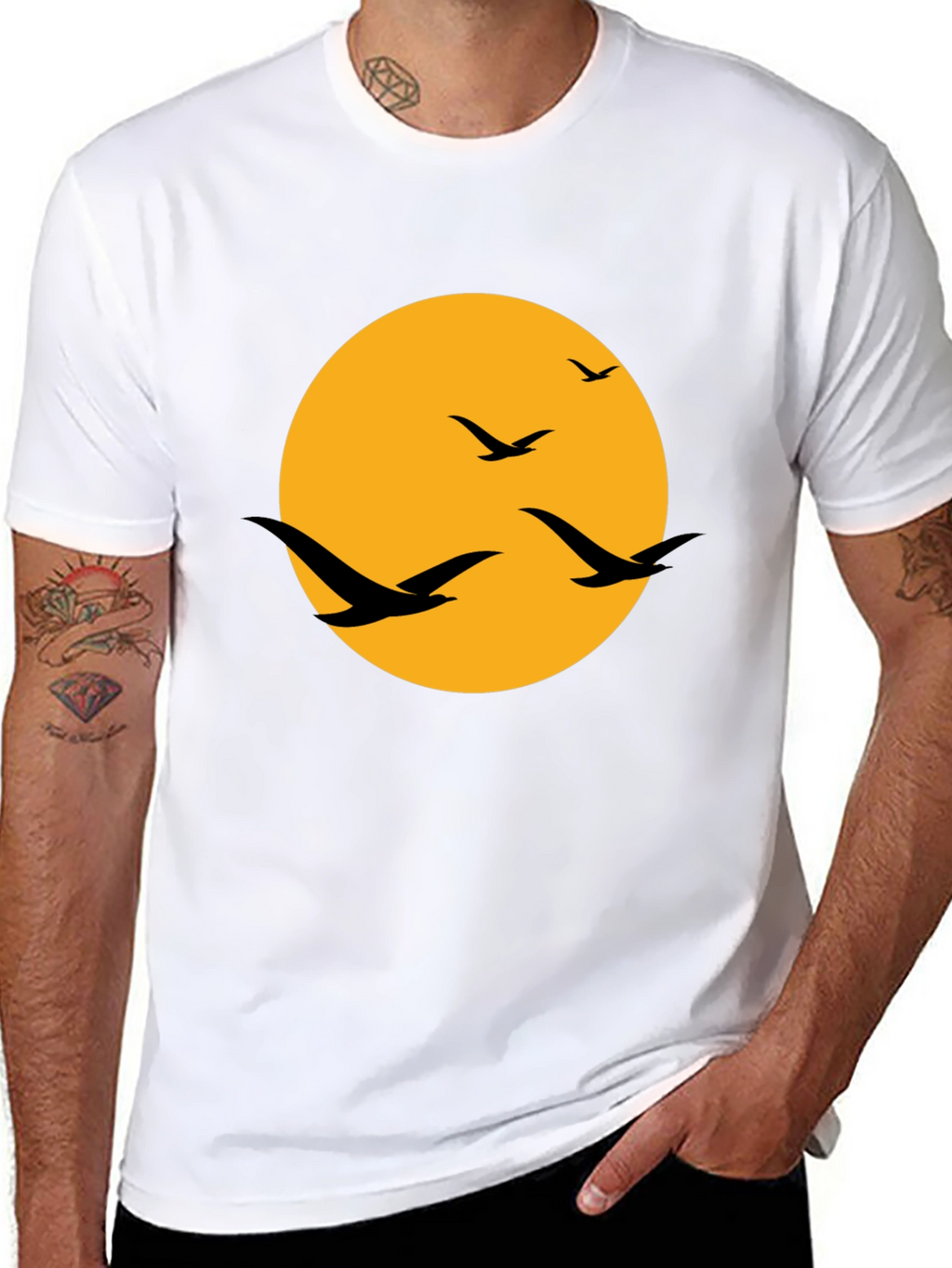 Mens Black T-Shirt with Birds and Moon Design