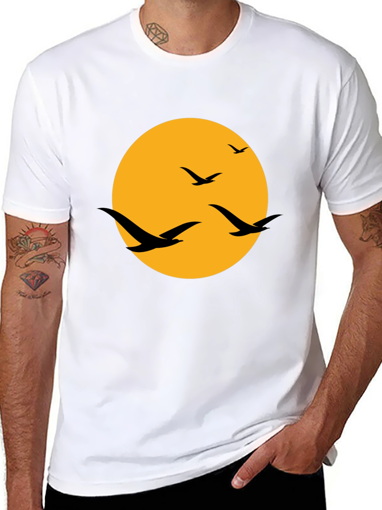 Mens Black T-Shirt with Birds and Moon Design