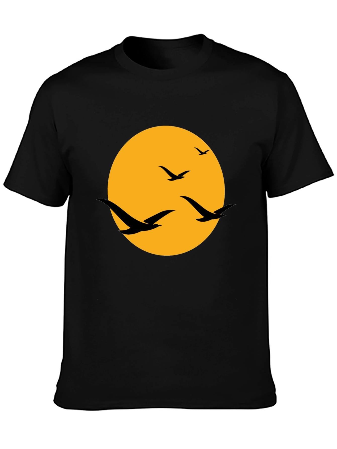 Mens Black T-Shirt with Birds and Moon Design