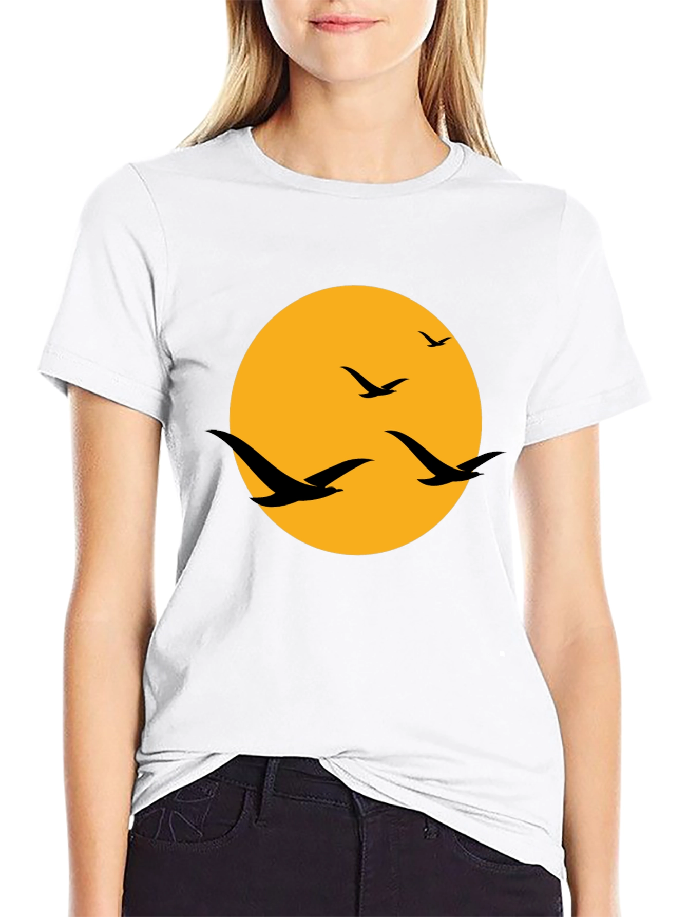Mens Black T-Shirt with Birds and Moon Design