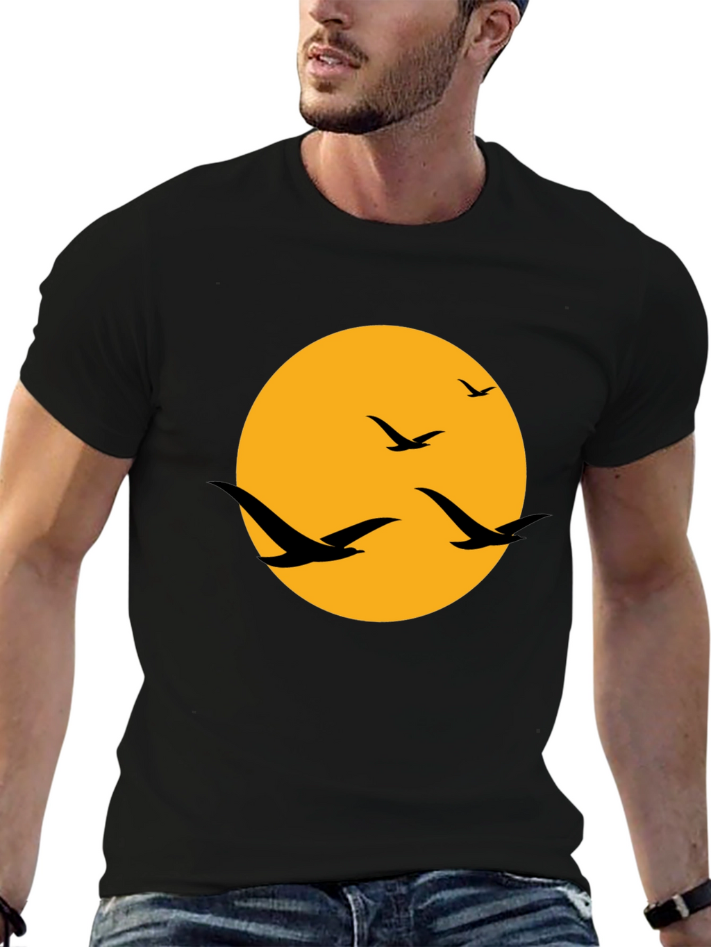 Mens Black T-Shirt with Birds and Moon Design