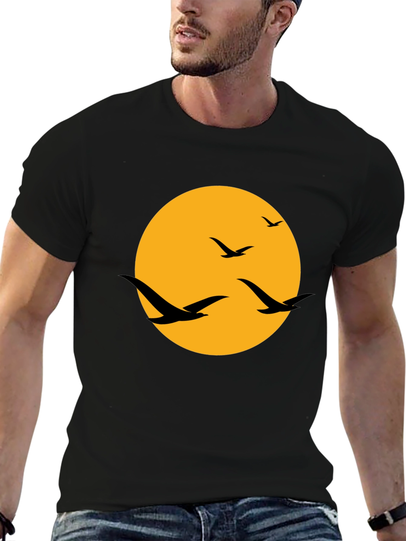 Mens Black T-Shirt with Birds and Moon Design