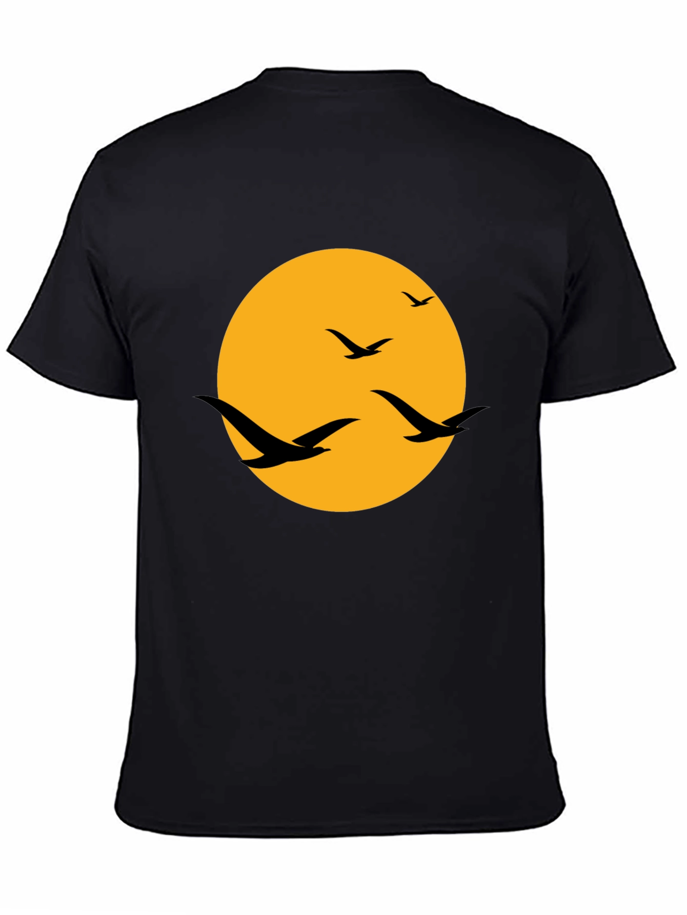 Mens Black T-Shirt with Birds and Moon Design