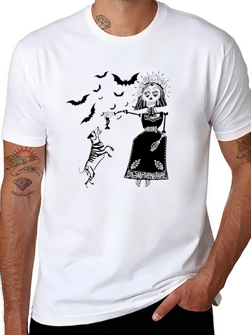 Day of the Dead Skeleton Dog Black Graphic T-Shirt