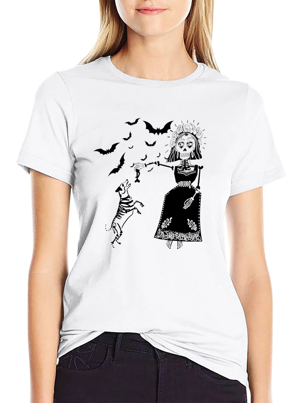 Day of the Dead Skeleton Dog Black Graphic T-Shirt