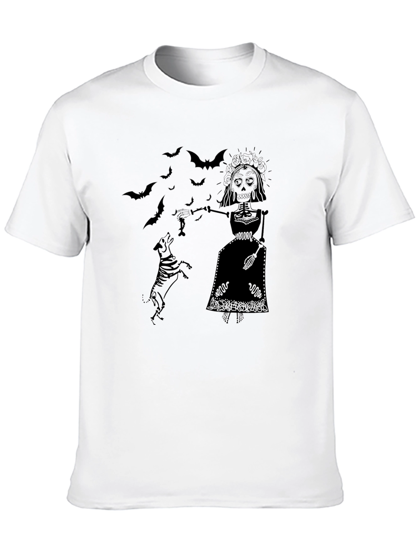 Day of the Dead Skeleton Dog Black Graphic T-Shirt