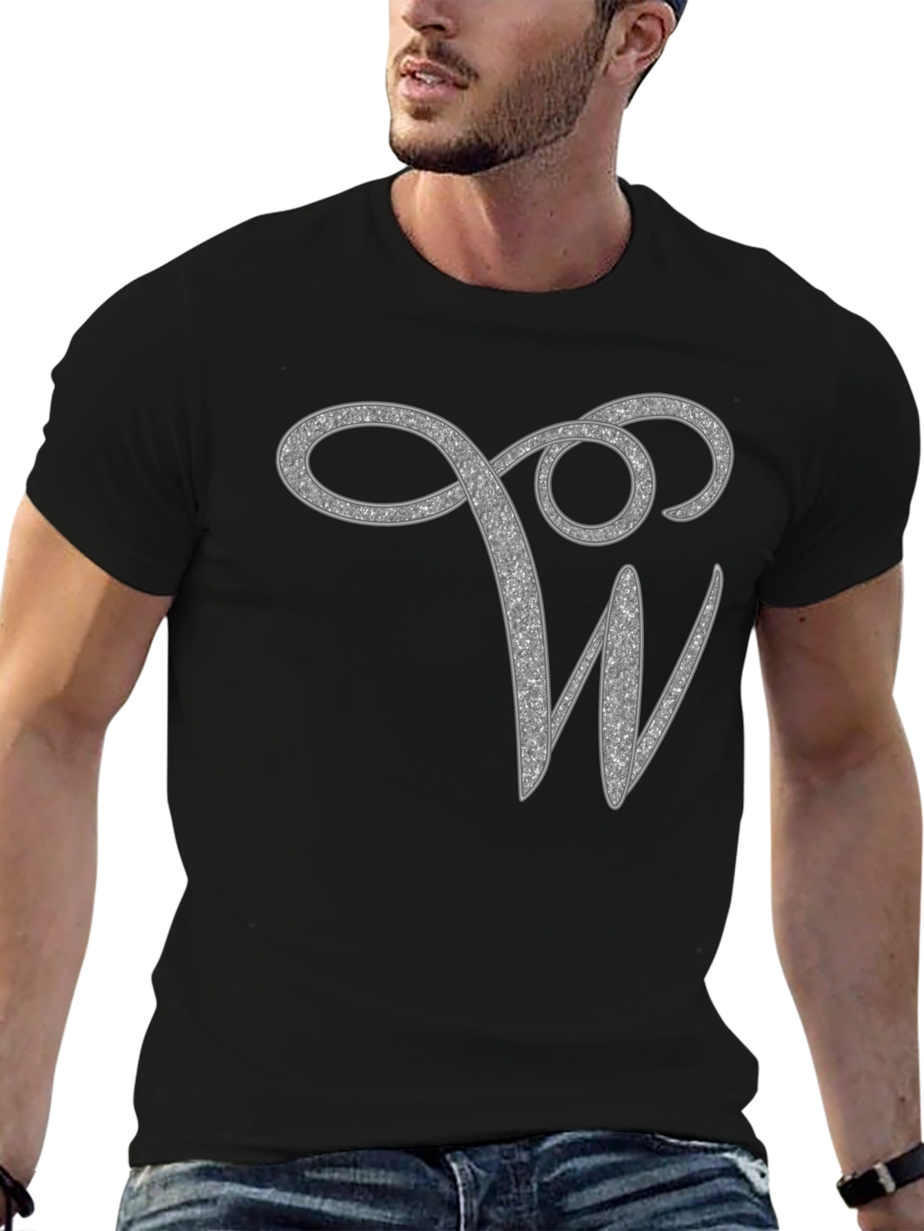 Stylish Black Tee with Glitter W Design