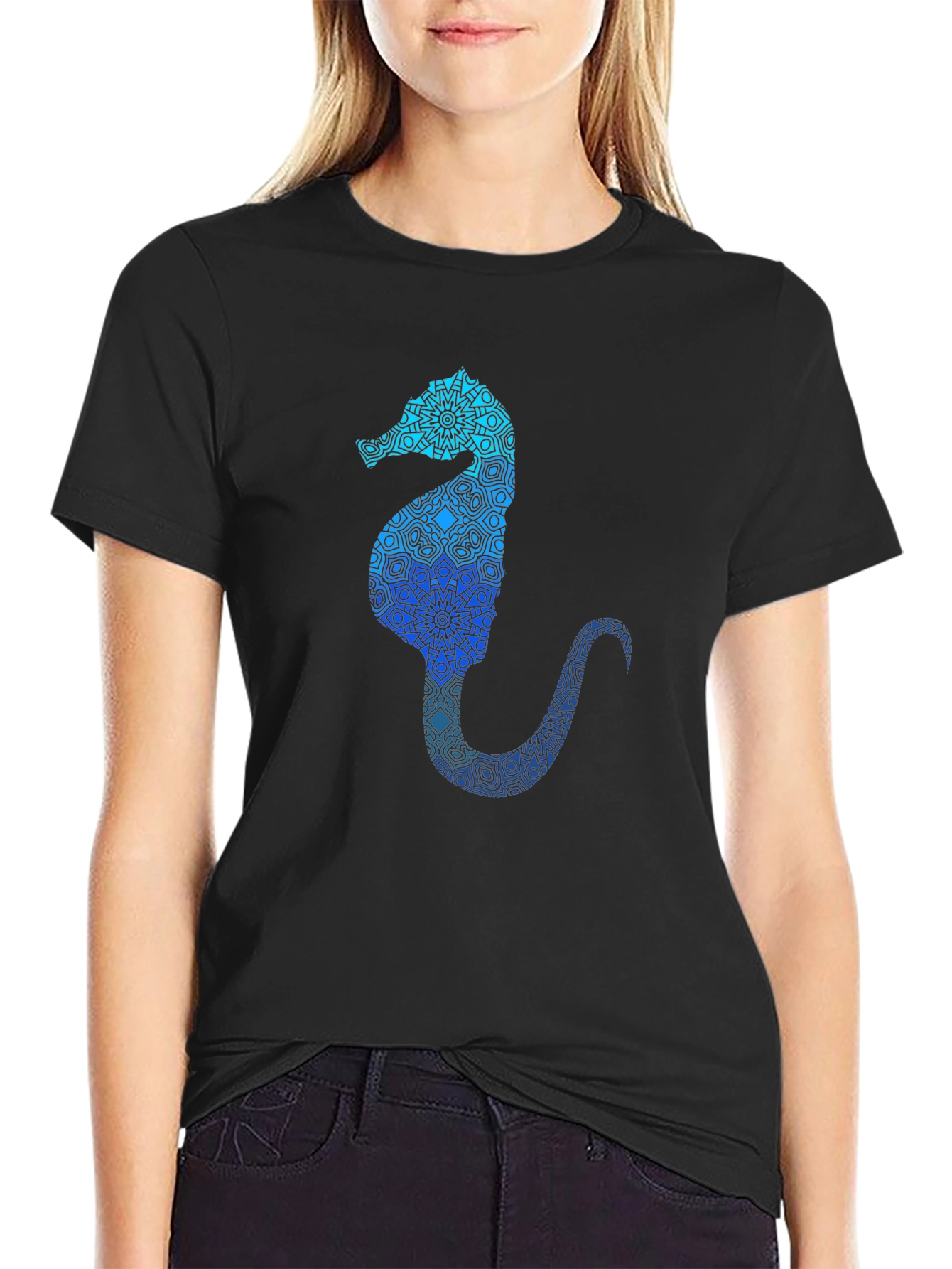 Blue Seahorse Graphic T-Shirt - Unique Mandala Design