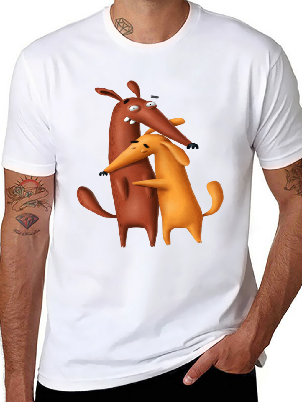 Cartoon Dog Hug Black T-Shirt