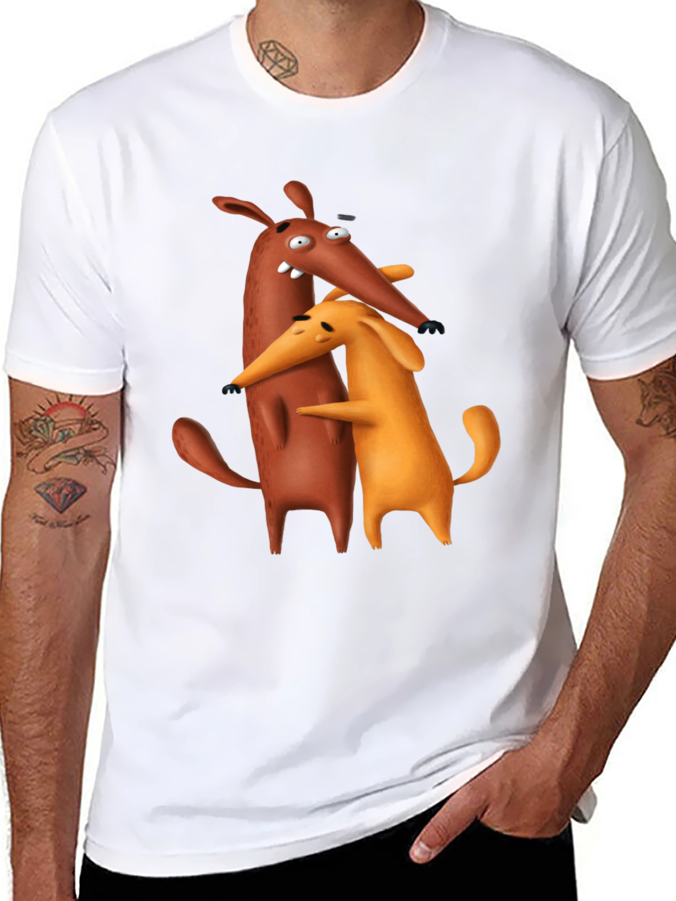 Cartoon Dog Hug Black T-Shirt