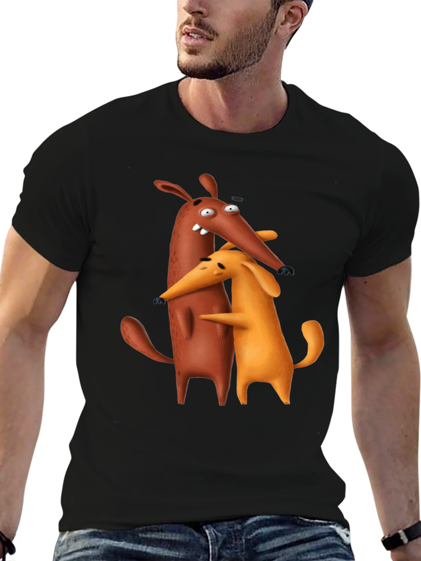 Cartoon Dog Hug Black T-Shirt