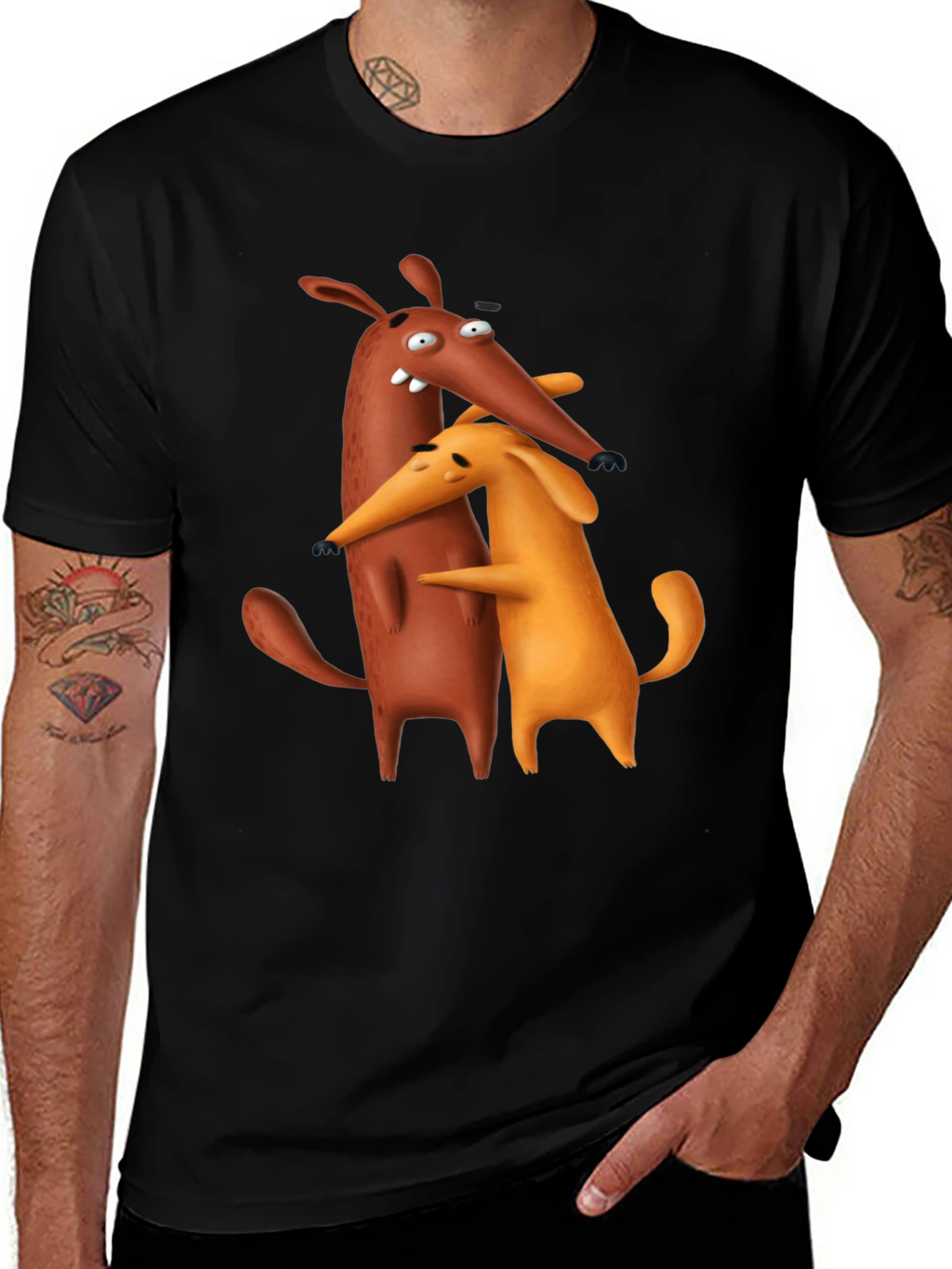 Cartoon Dog Hug Black T-Shirt