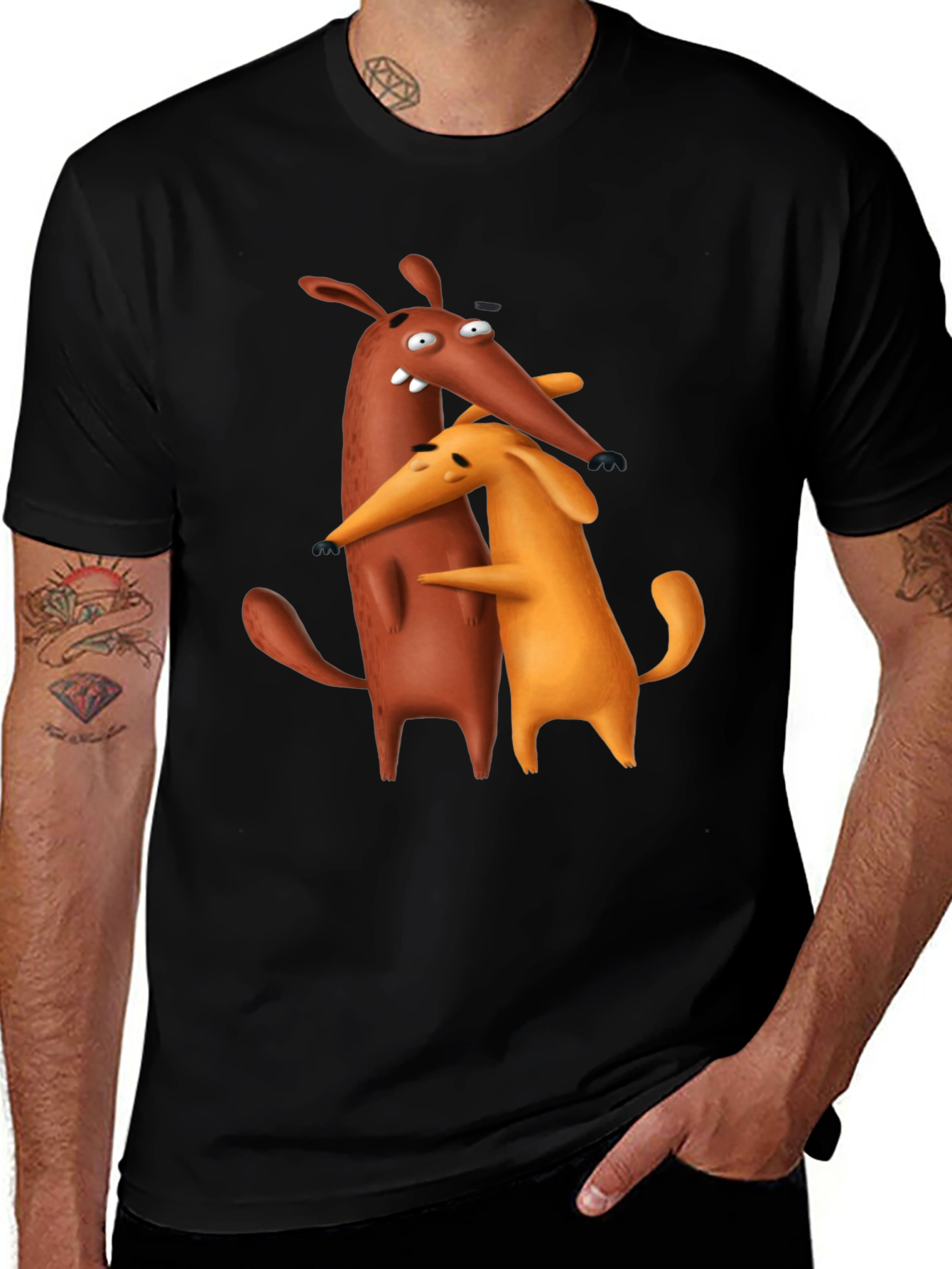 Cartoon Dog Hug Black T-Shirt