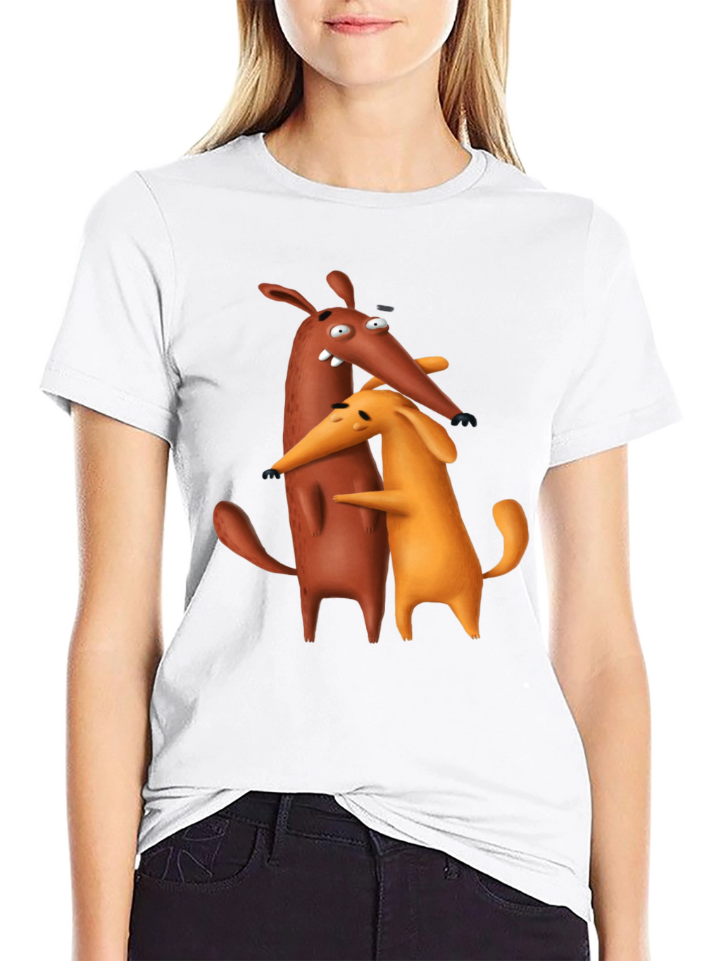 Cartoon Dog Hug Black T-Shirt