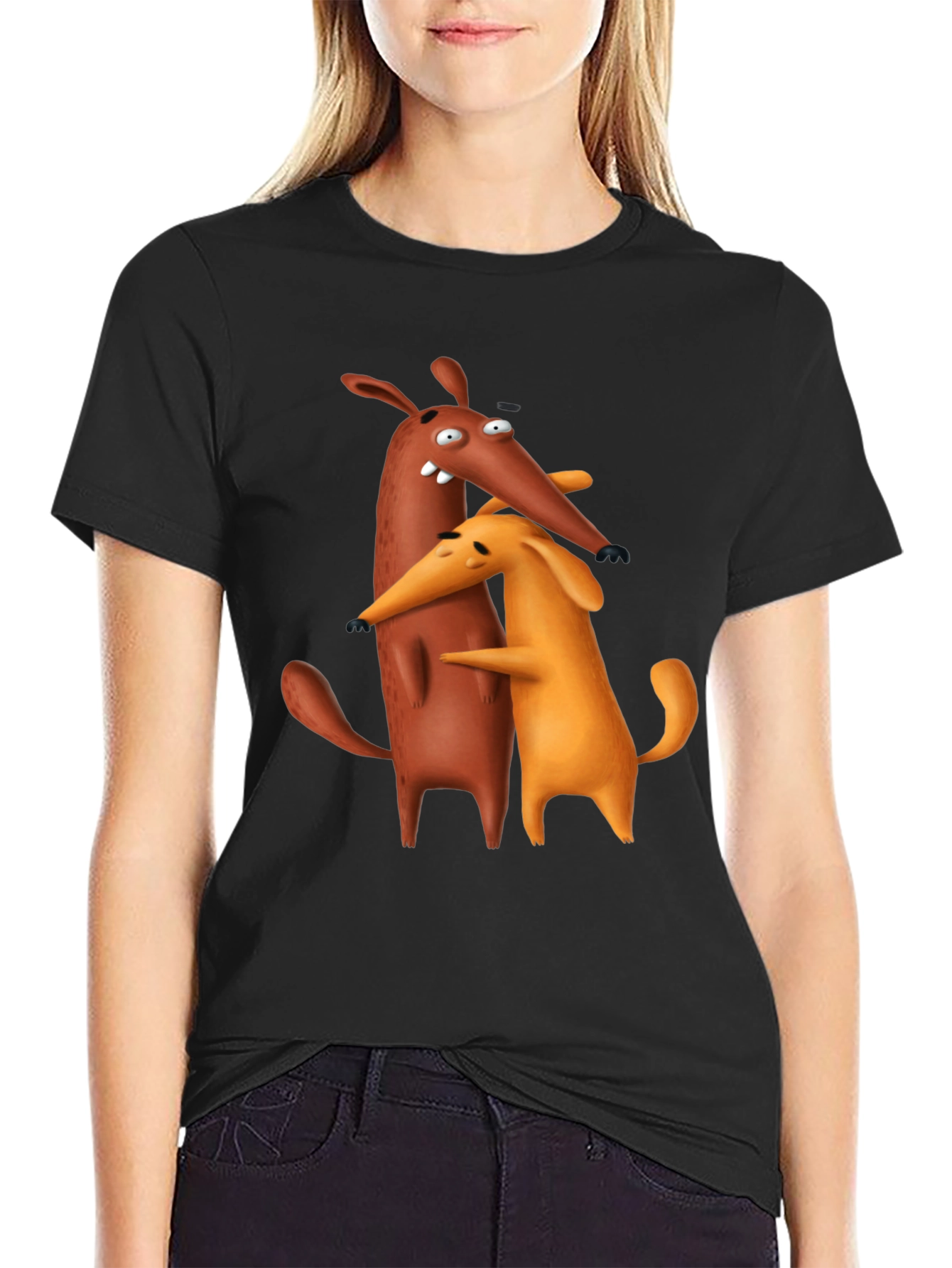 Cartoon Dog Hug Black T-Shirt