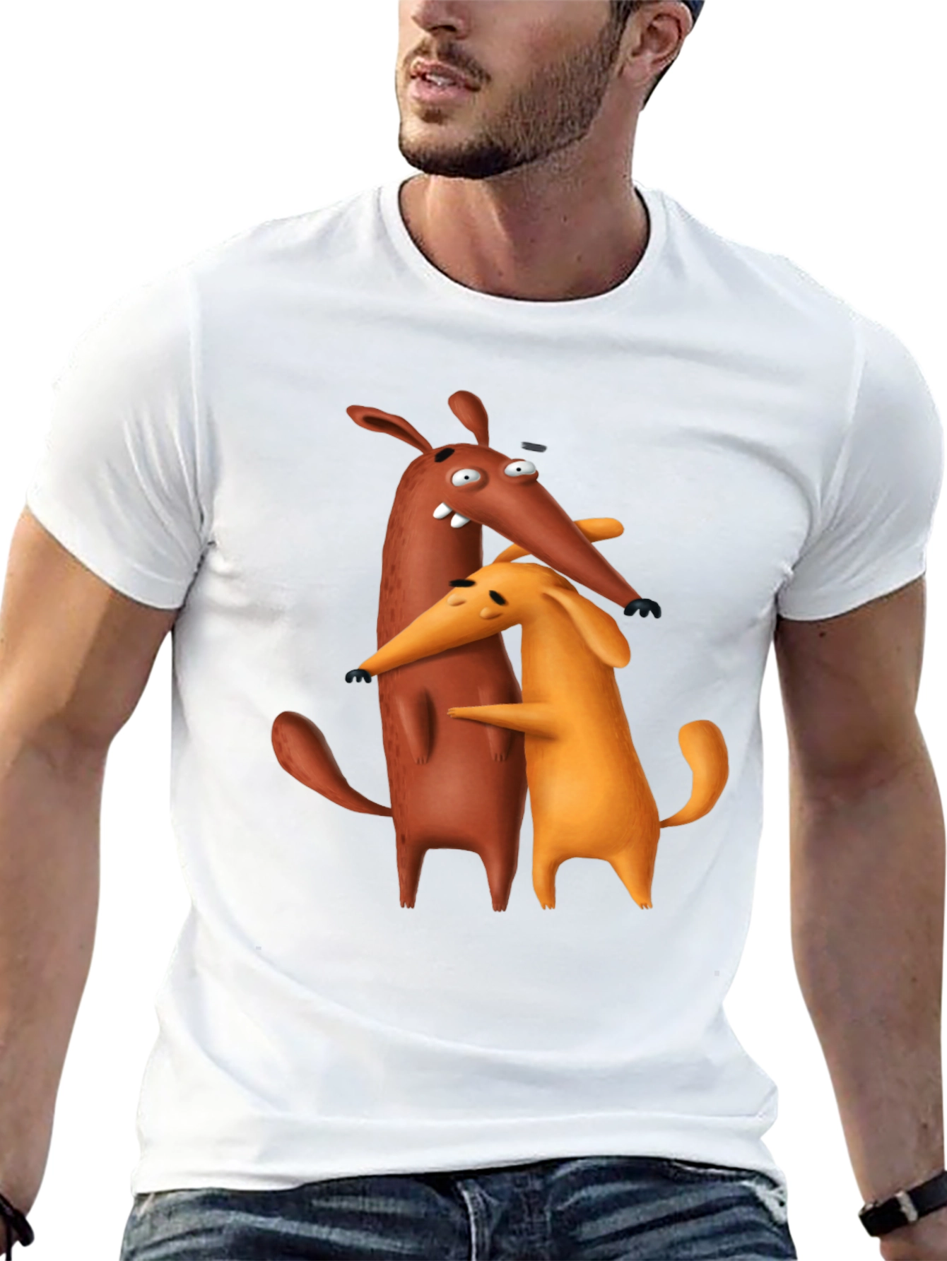 Cartoon Dog Hug Black T-Shirt