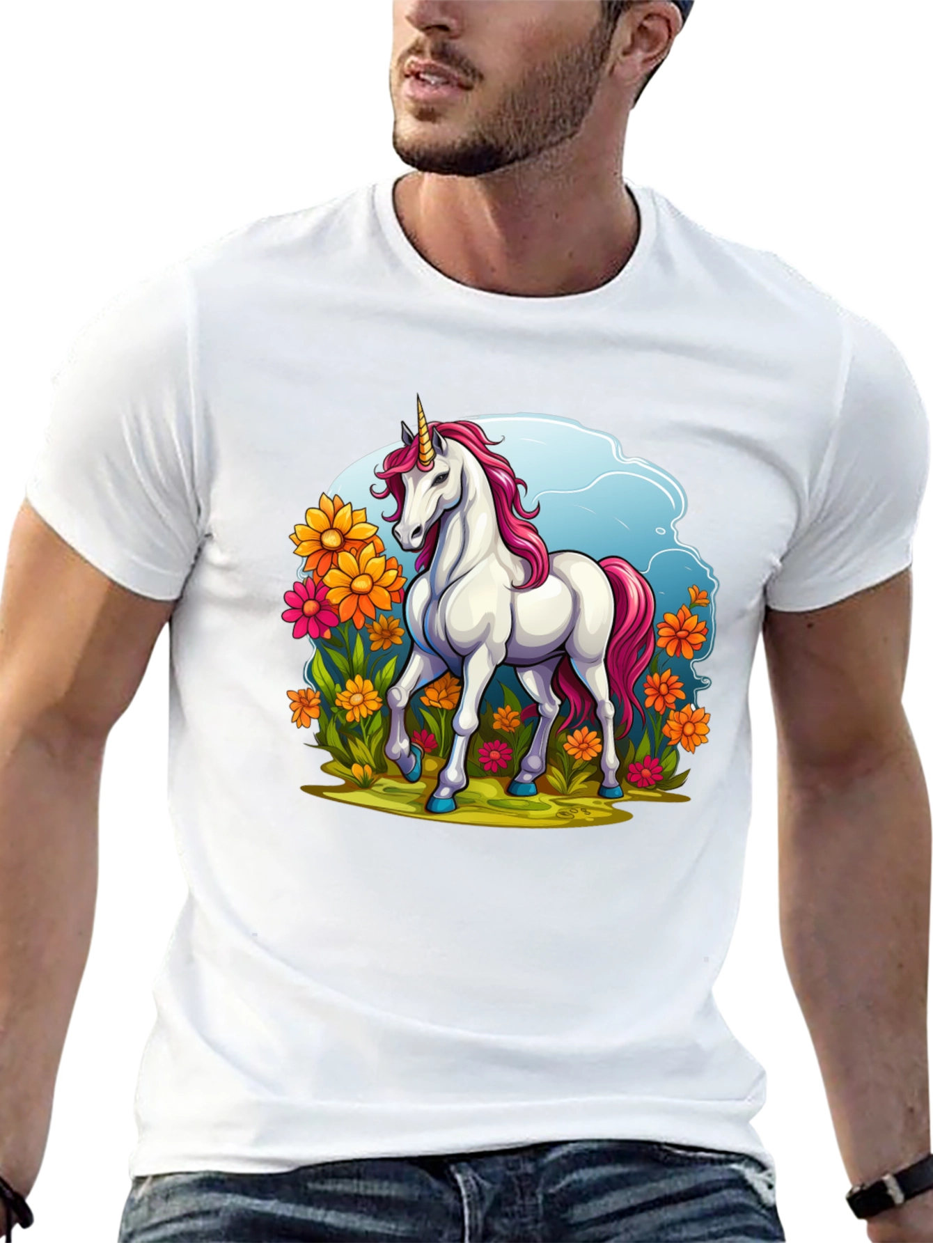Unicorn in Flowers Black T-Shirt