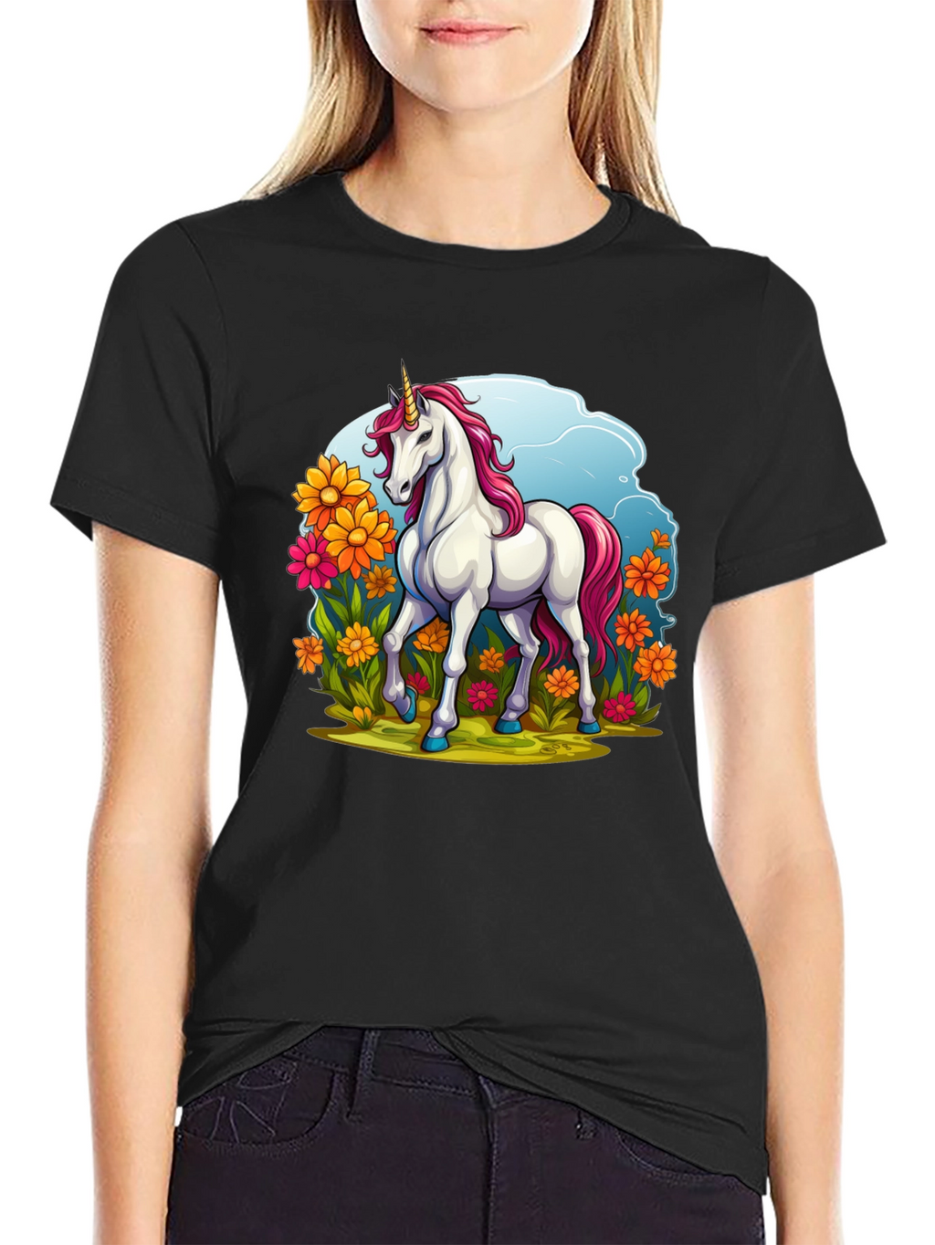 Unicorn in Flowers Black T-Shirt