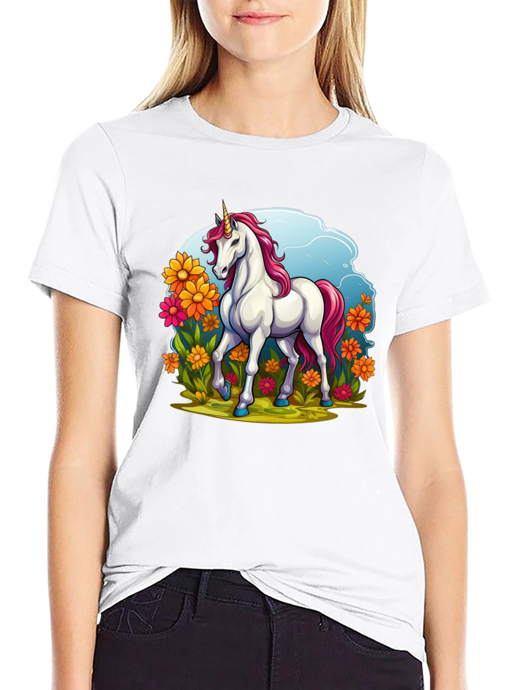 Unicorn in Flowers Black T-Shirt