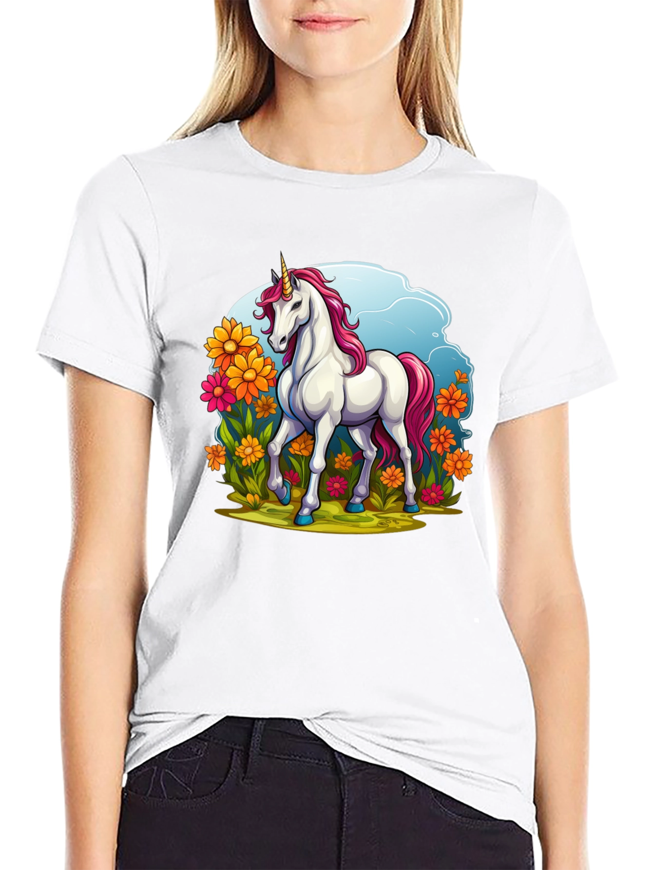 Unicorn in Flowers Black T-Shirt