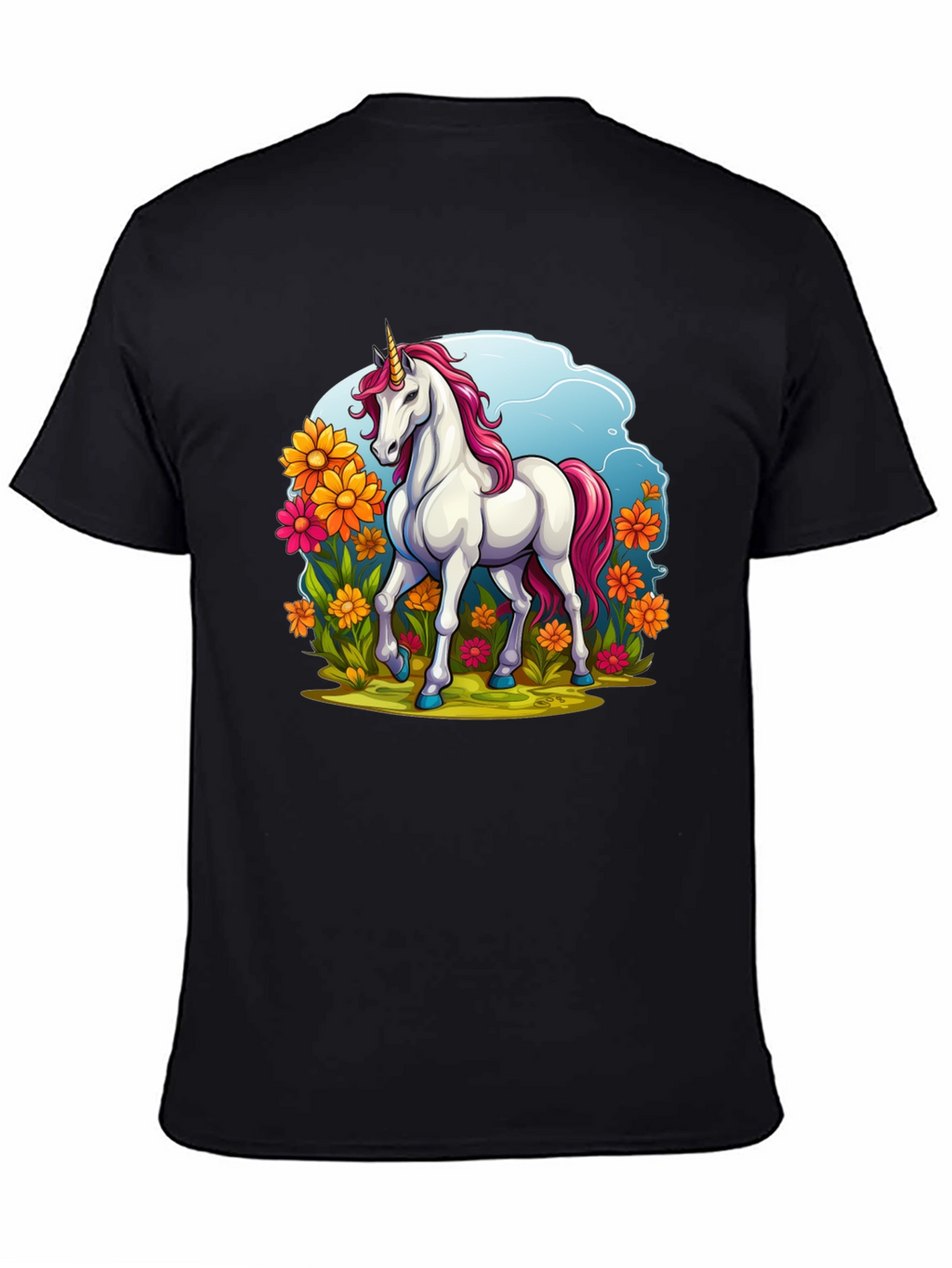 Unicorn in Flowers Black T-Shirt