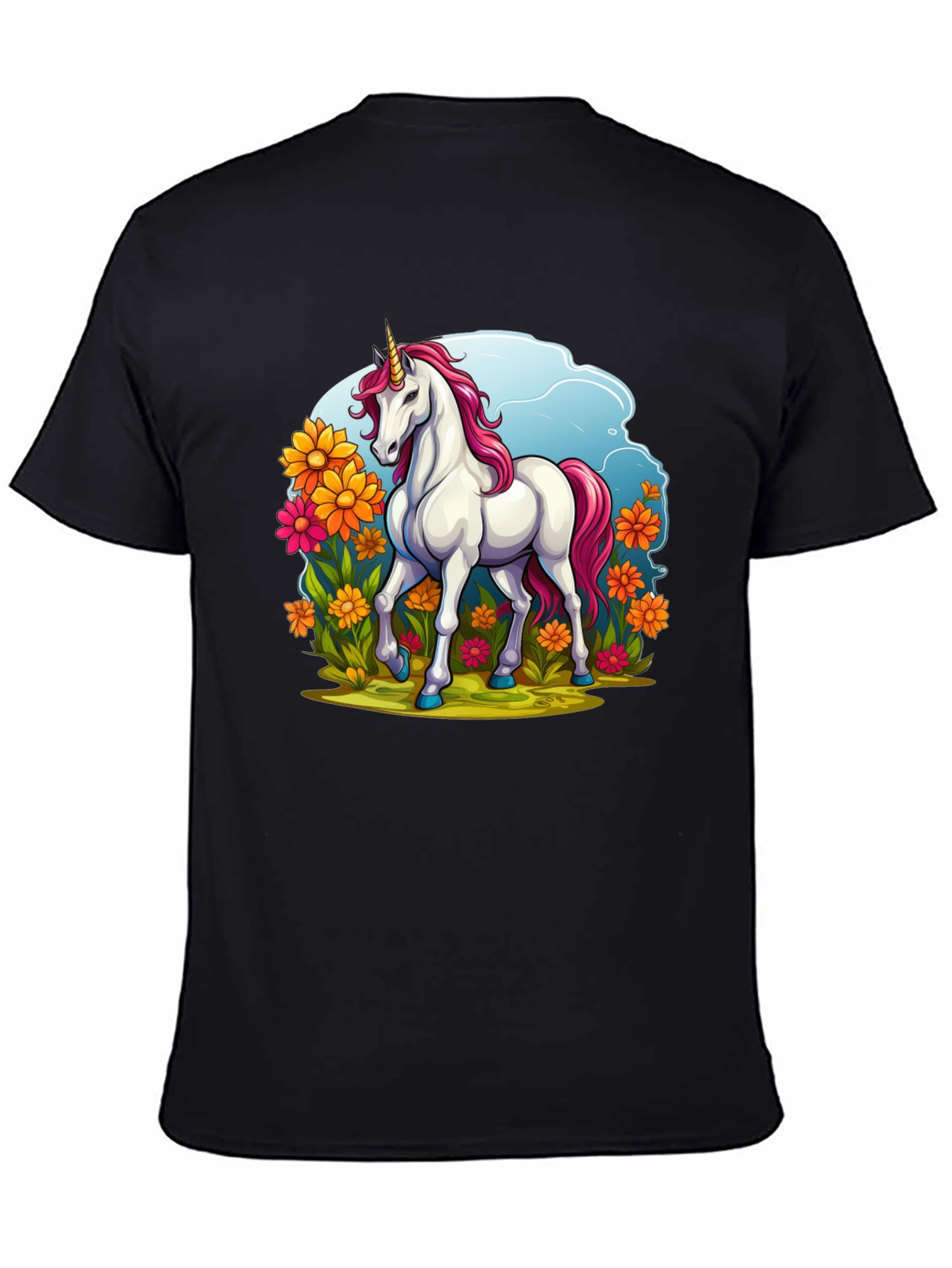 Unicorn in Flowers Black T-Shirt