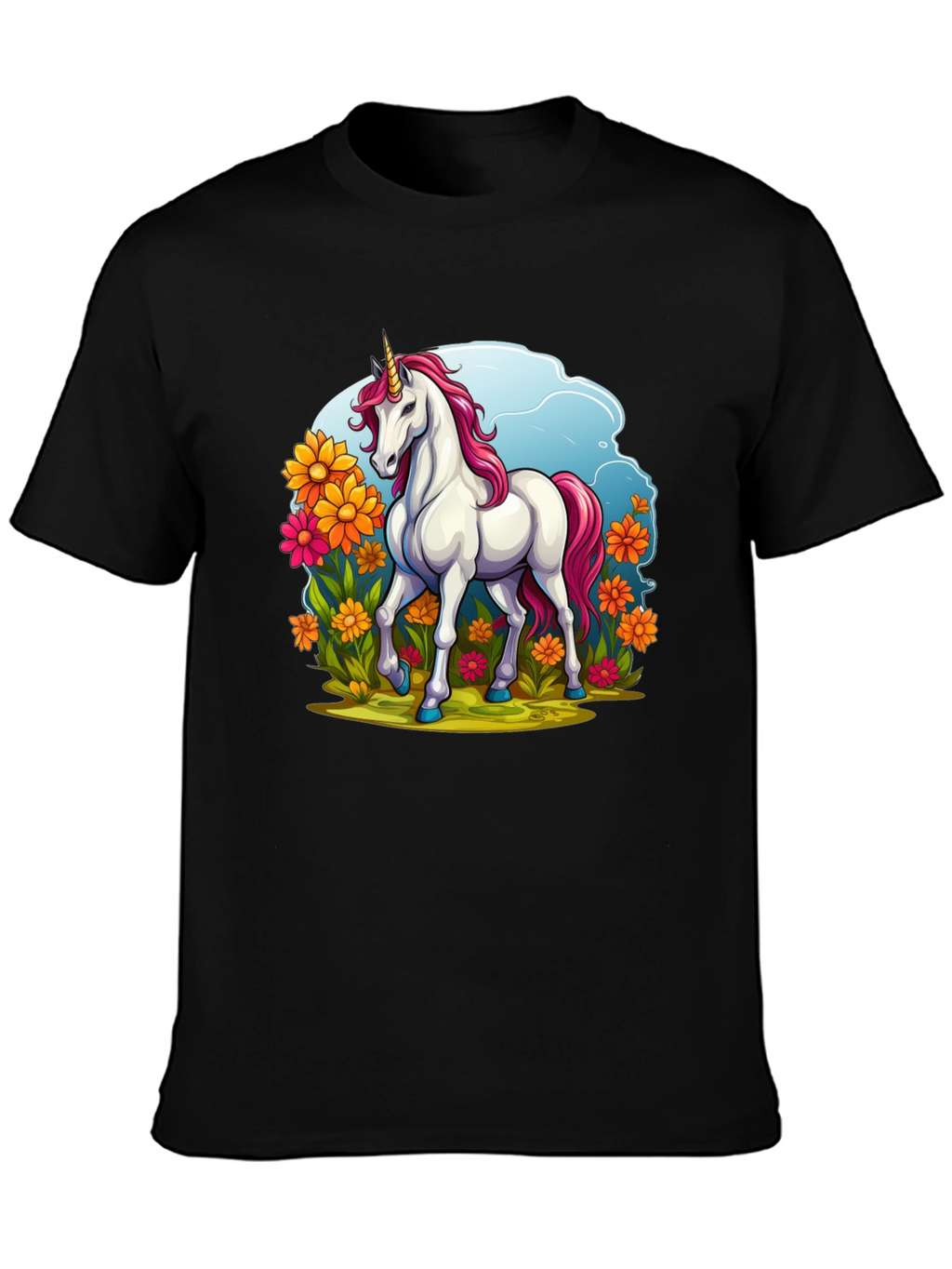 Unicorn in Flowers Black T-Shirt