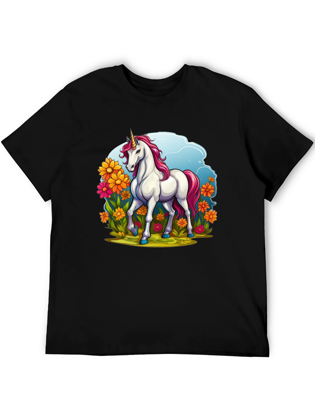 Unicorn in Flowers Black T-Shirt