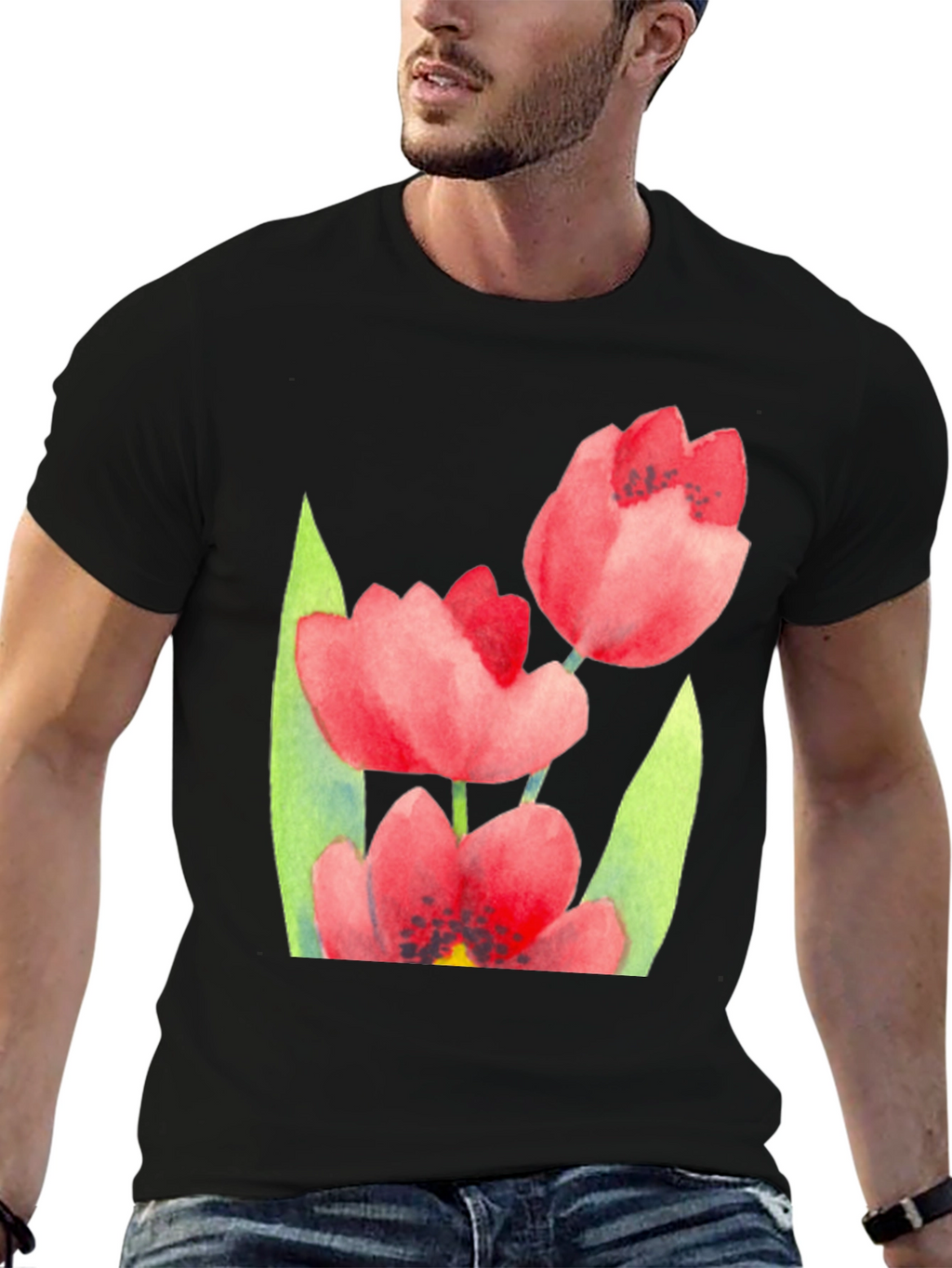 Floral Print Black T-Shirt - Stylish Tulip Design