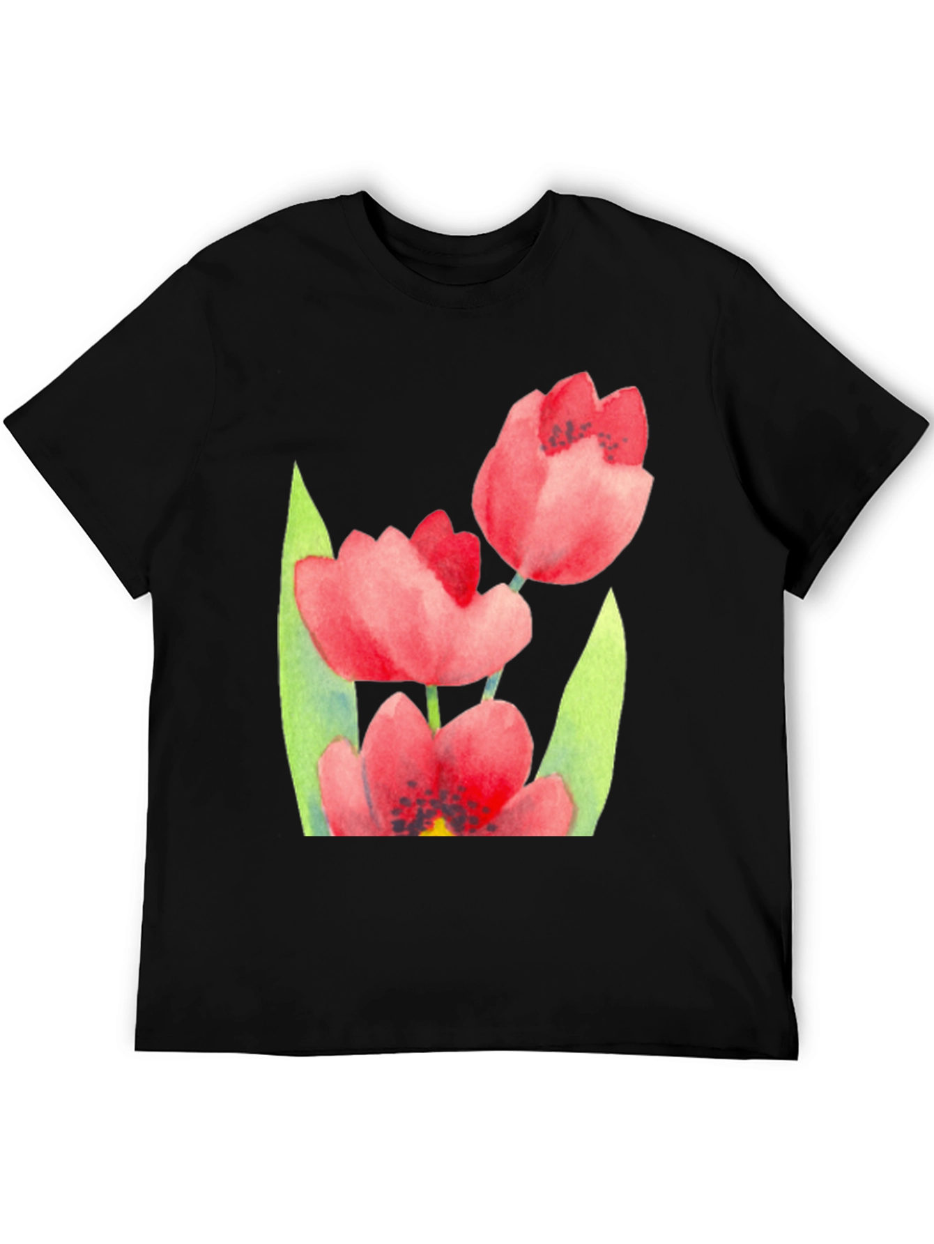 Floral Print Black T-Shirt - Stylish Tulip Design