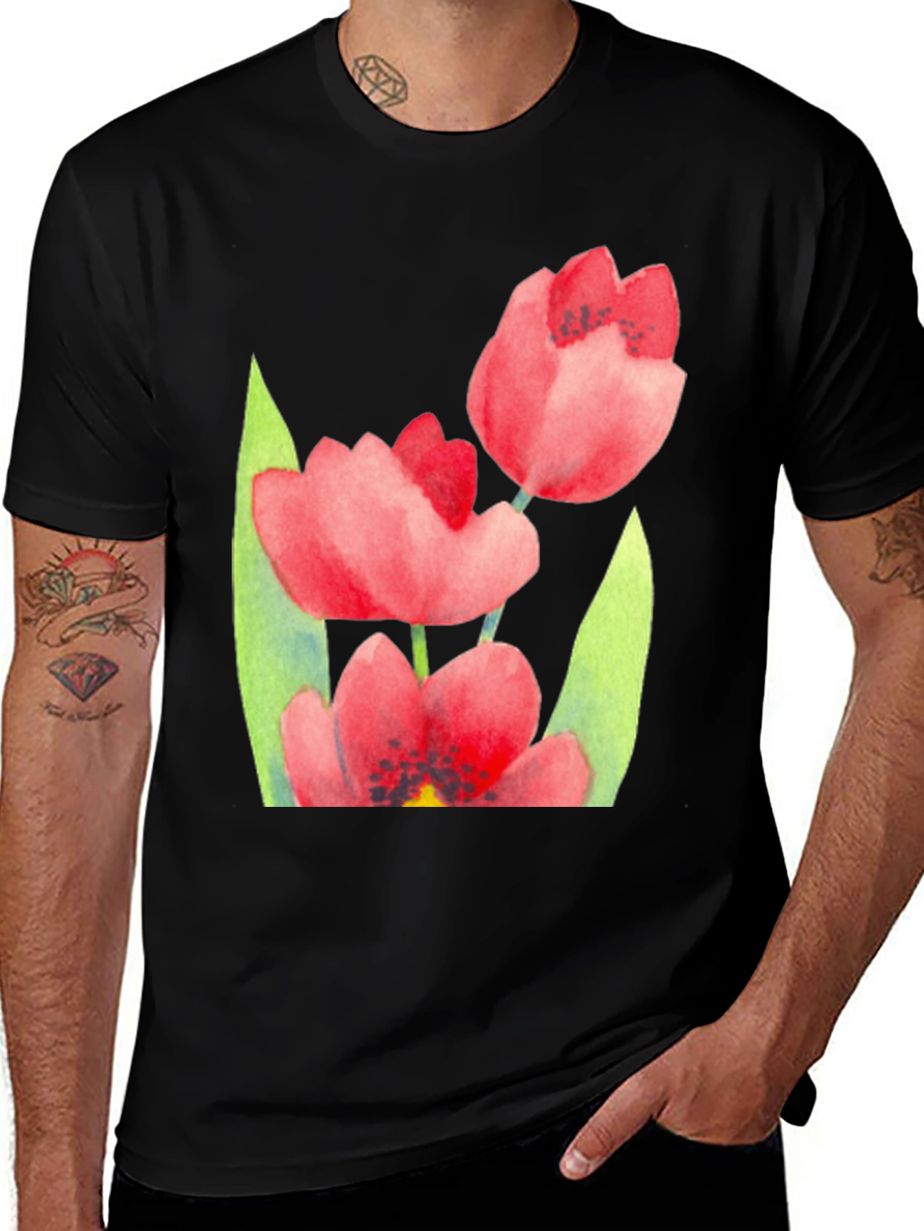 Floral Print Black T-Shirt - Stylish Tulip Design