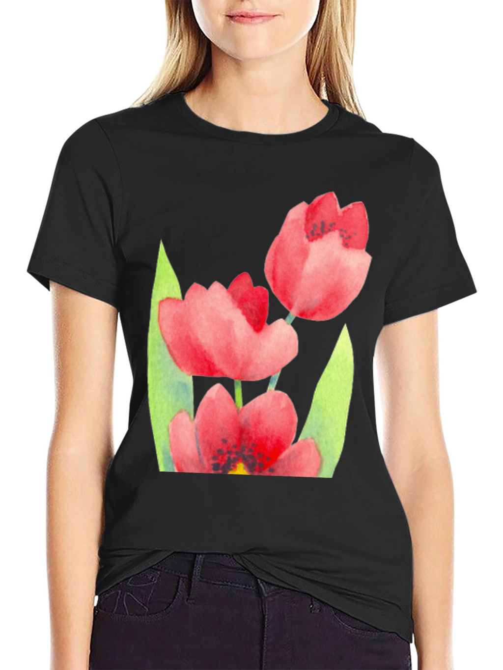 Floral Print Black T-Shirt - Stylish Tulip Design