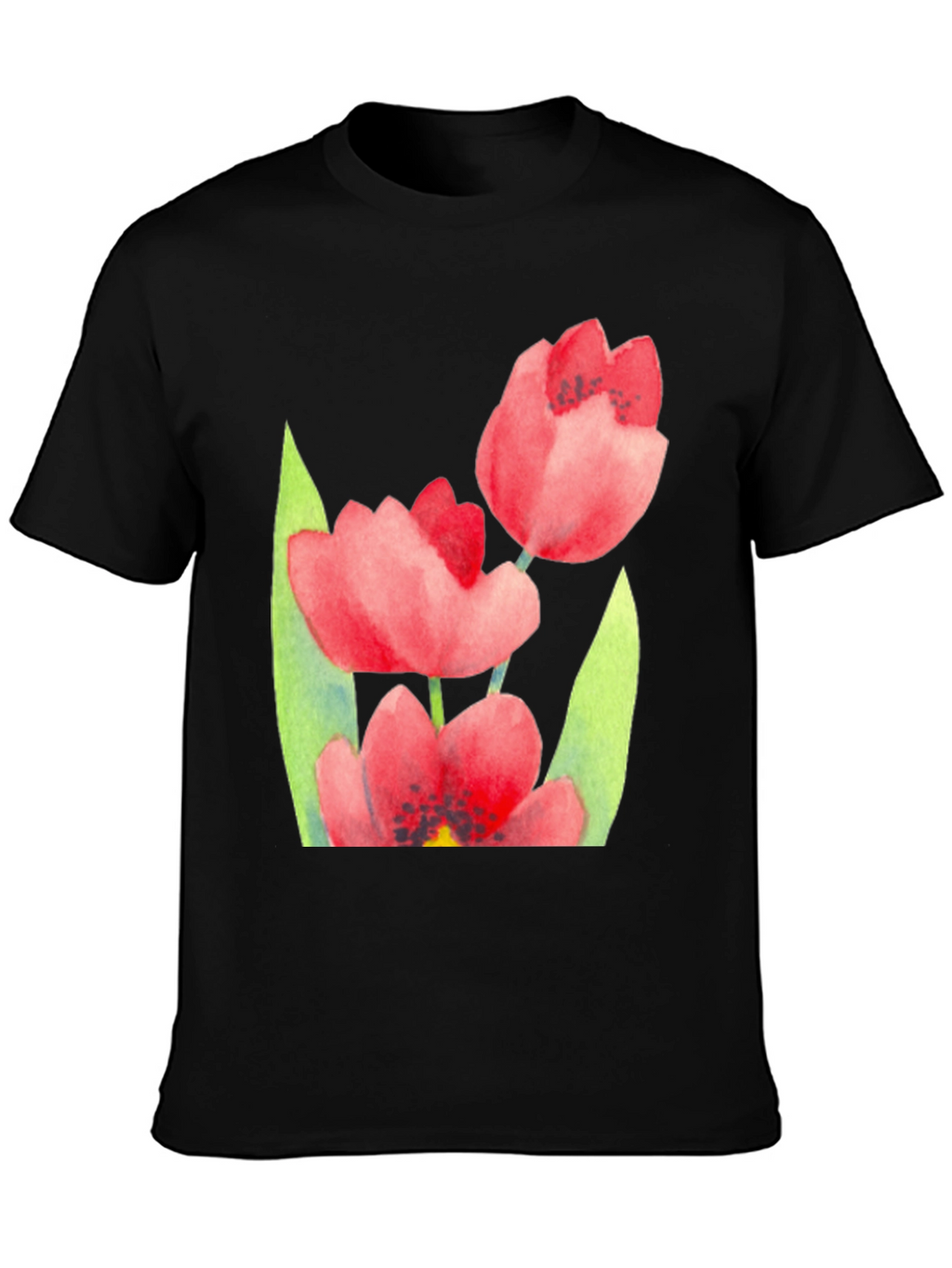 Floral Print Black T-Shirt - Stylish Tulip Design